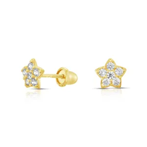 10k Yellow Gold Star Stud Earrings with Simulated Diamond and Secure Screw-Backs