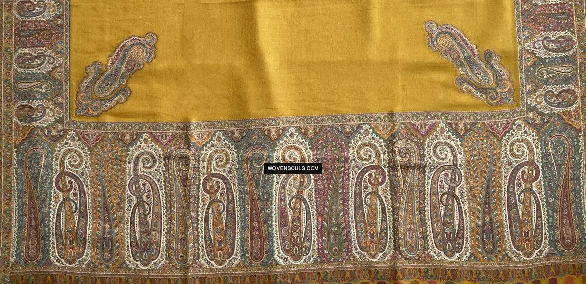 1697 SOLD Exquisite Burnt Yellow Boteh Shawl from Kashmir - Recently Made