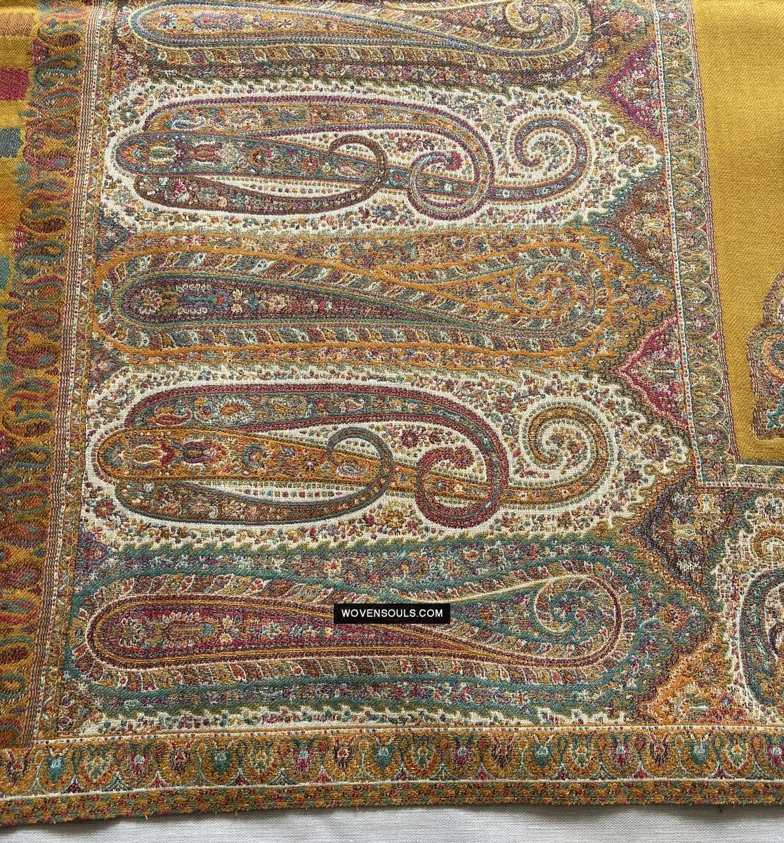 1697 SOLD Exquisite Burnt Yellow Boteh Shawl from Kashmir - Recently Made