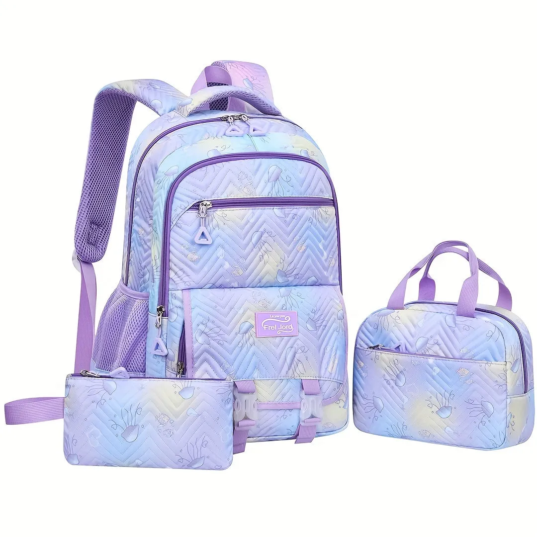 3pcs Whimsical Jellyfish Striped Backpack Set - Adjustable Strap, Zipper Closure, Polyester Lining, Random Printing - Preppy Fantasy Schoolbag with Lunch Box Bag and Pencil Case