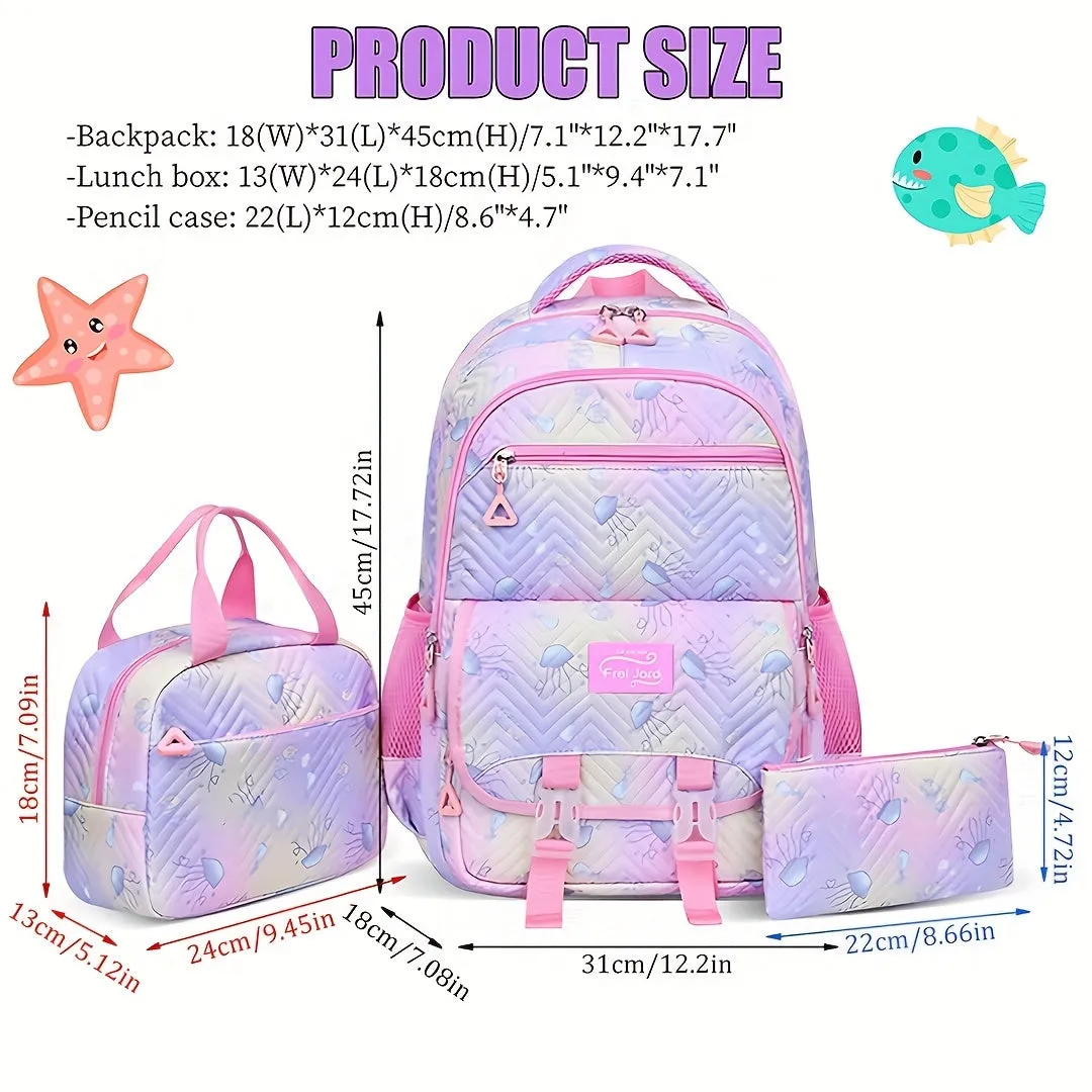 3pcs Whimsical Jellyfish Striped Backpack Set - Adjustable Strap, Zipper Closure, Polyester Lining, Random Printing - Preppy Fantasy Schoolbag with Lunch Box Bag and Pencil Case