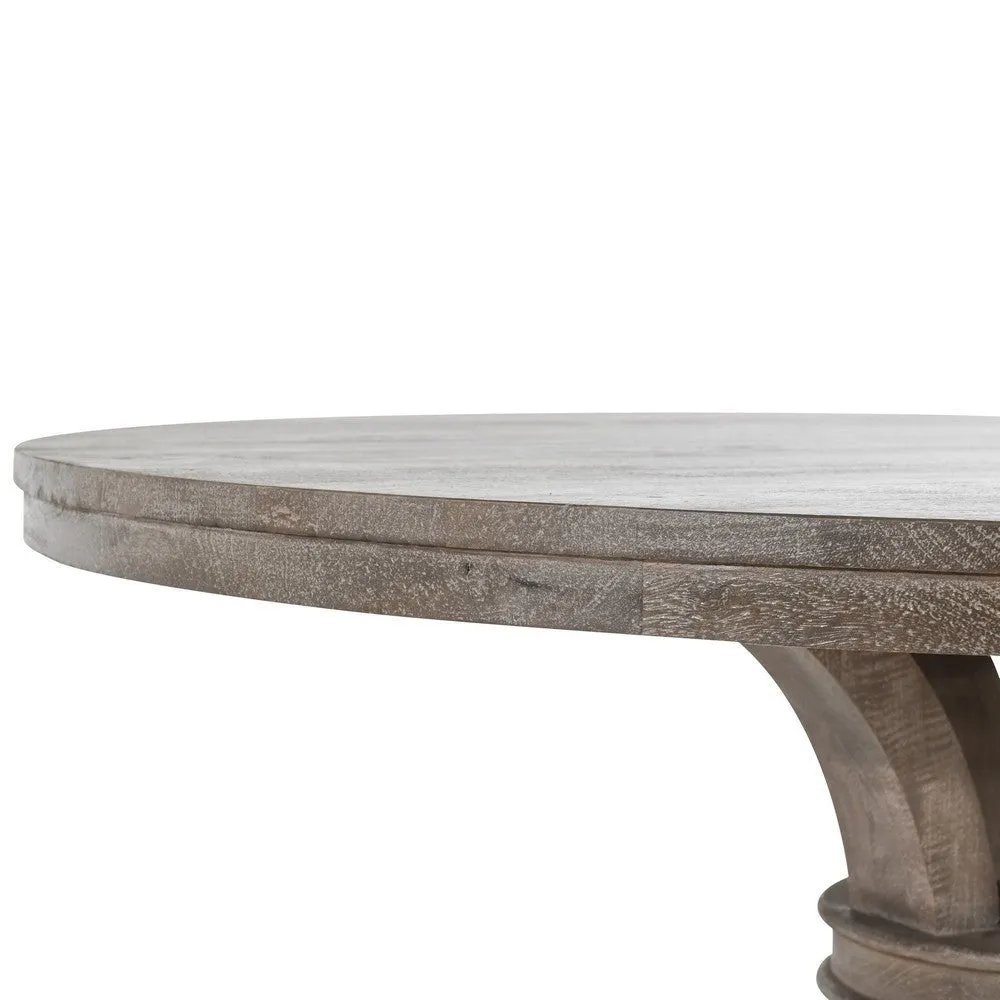 60 Inch Classic Round Wood Dining Table, Pedestal, Handcrafted, Gray, Brown By Casagear Home