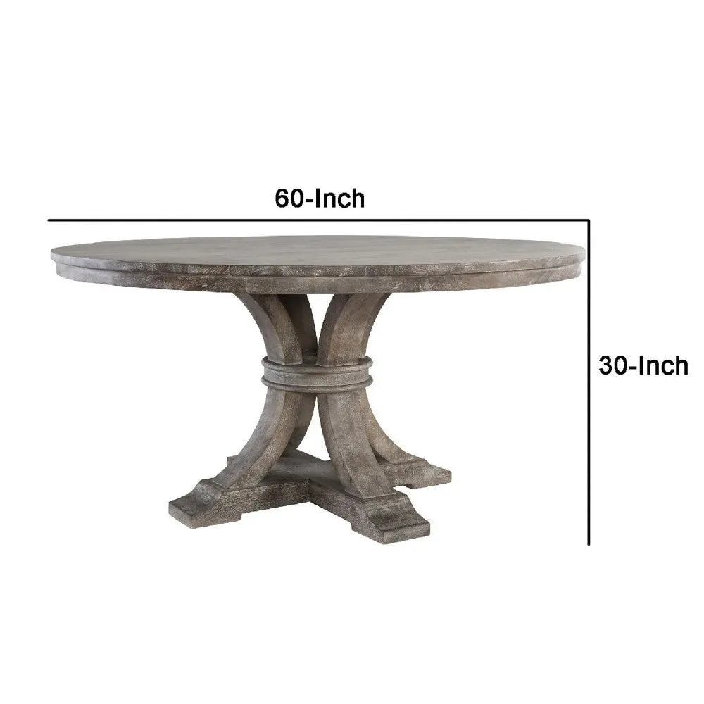 60 Inch Classic Round Wood Dining Table, Pedestal, Handcrafted, Gray, Brown By Casagear Home