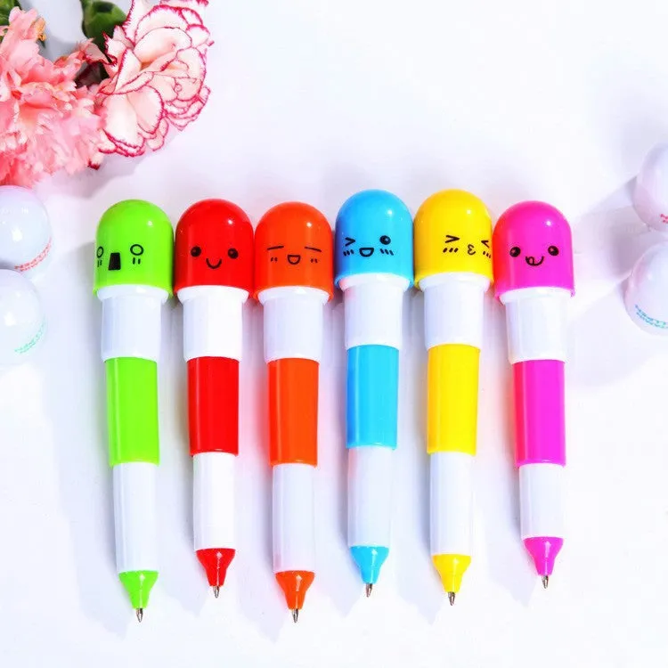 6PCS Cute Smiling Face Pill Ball Point Pen Pencils Telescopic Vitamin Capsule Ballpen for School Use