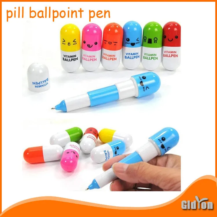 6PCS Cute Smiling Face Pill Ball Point Pen Pencils Telescopic Vitamin Capsule Ballpen for School Use