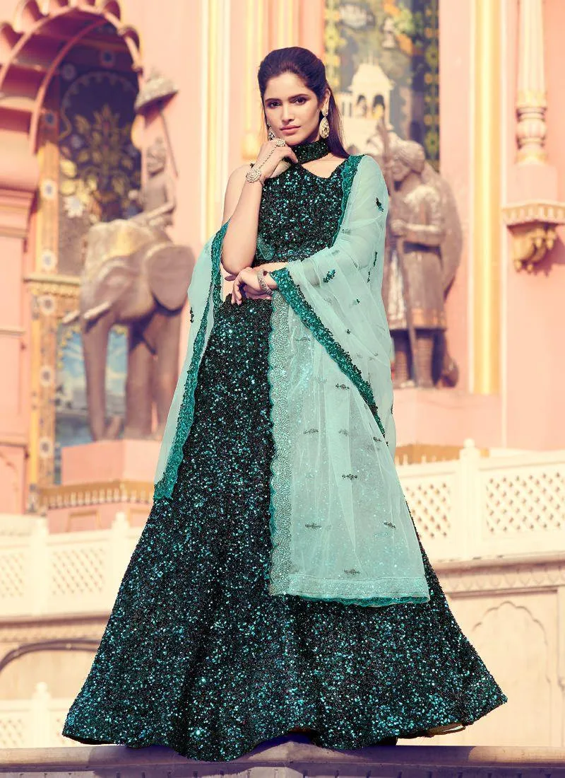 Alluring Black Color Lehenga Choli With Turquoise Color Dupatta Set