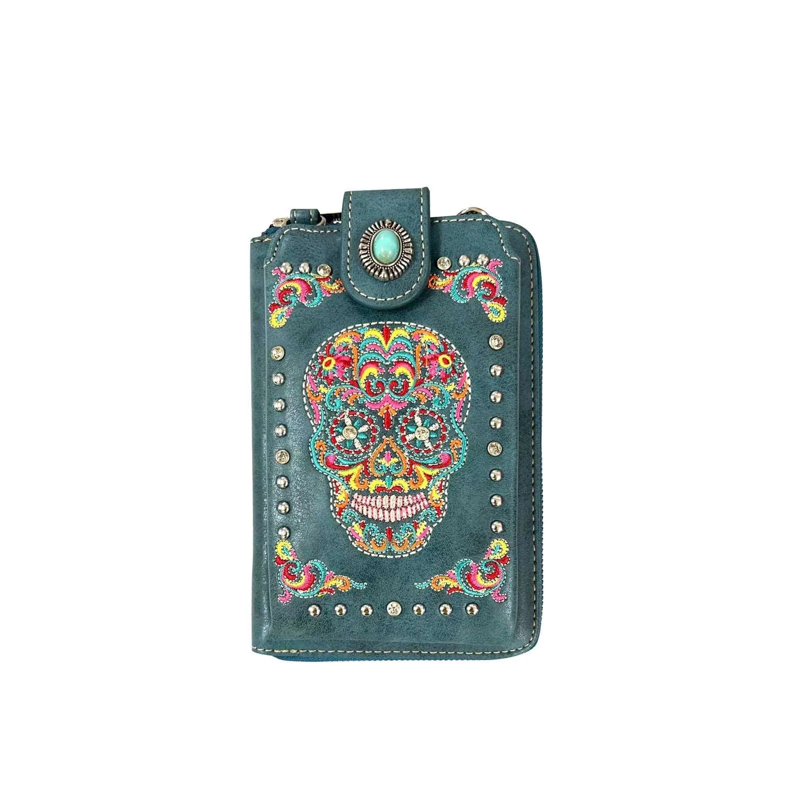 American Bling Turquoise Embroidered Sugar Skull Crossbody Phone Wallet