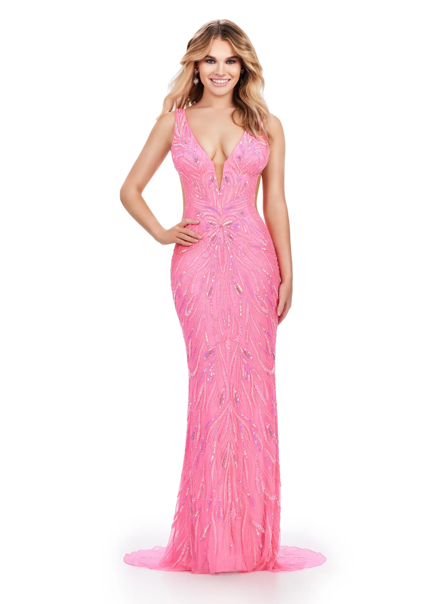 Ashley Lauren 11669 Long Prom Dress Fitted Fully Beaded  Cut Outs V Back Formal Pageant Gown