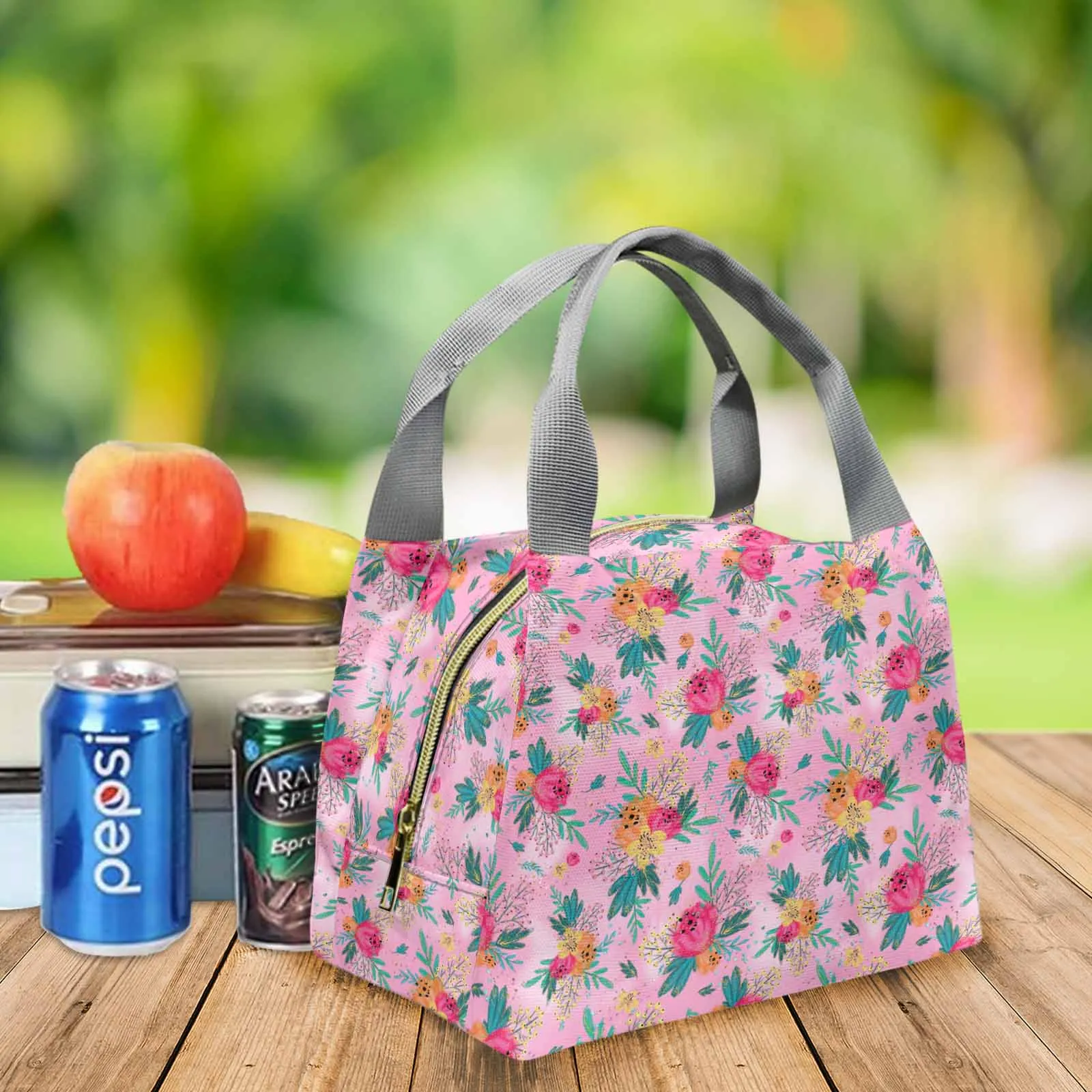 Australian Floral Pink  Portable Lunch Bag-Grey Handle