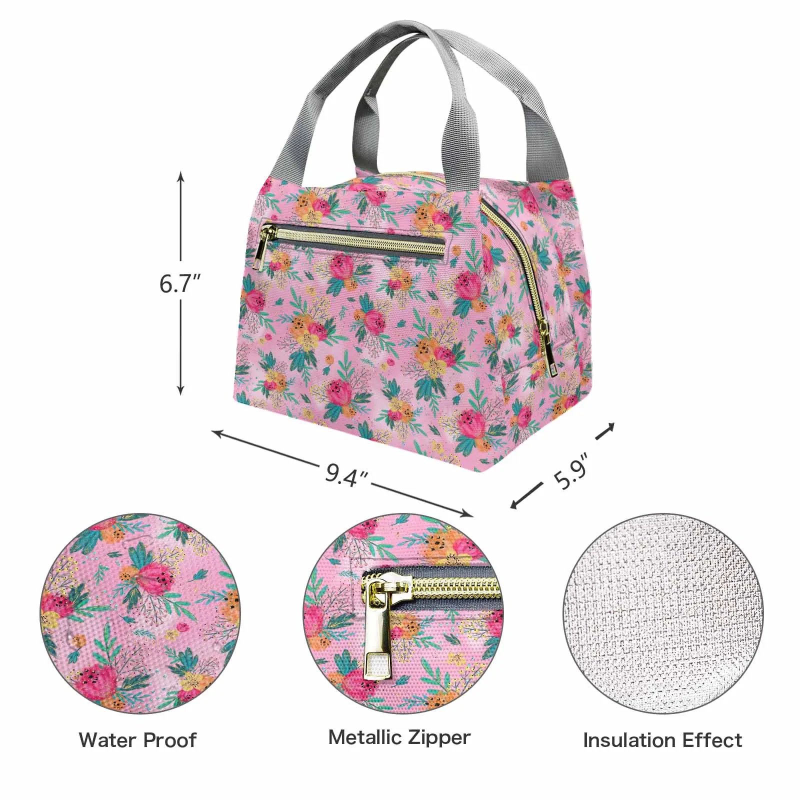 Australian Floral Pink  Portable Lunch Bag-Grey Handle