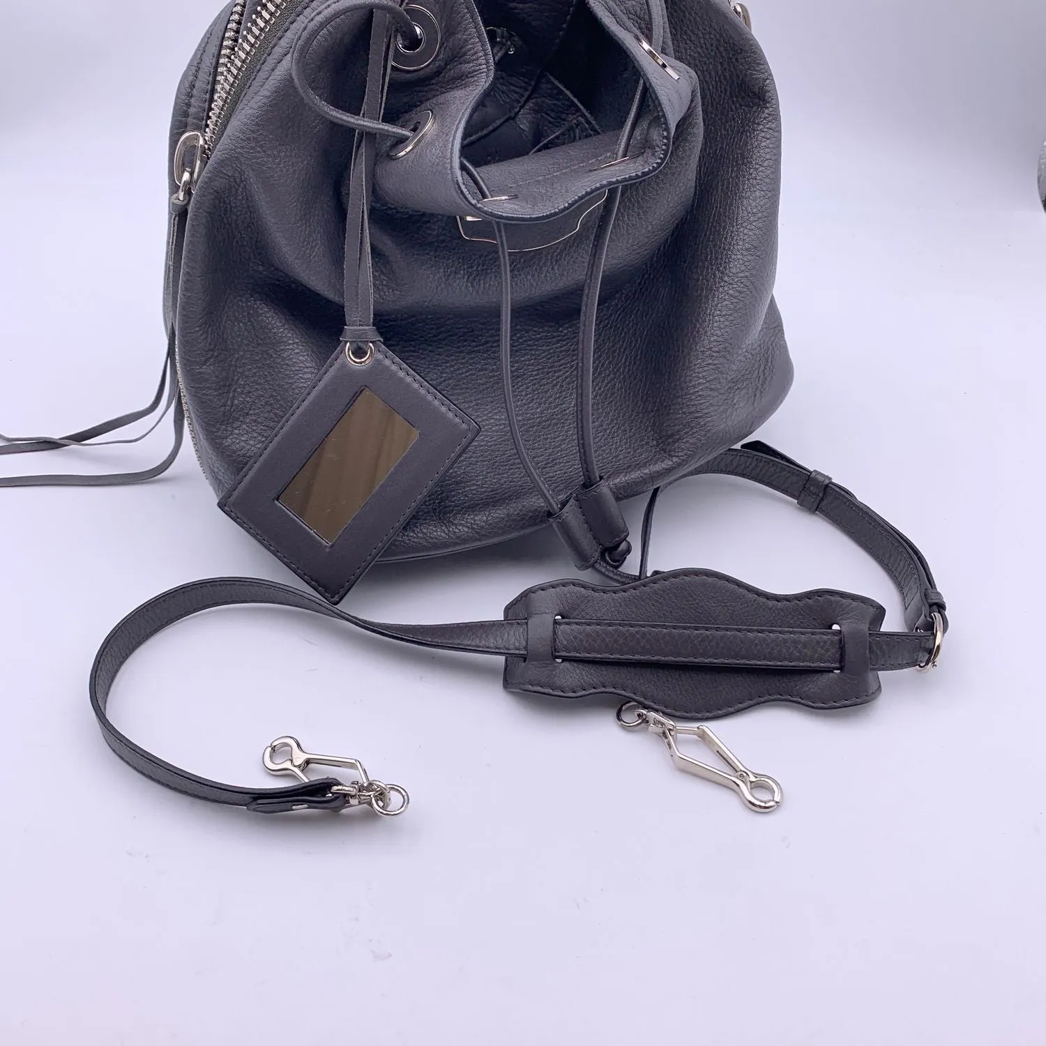 BALENCIAGA Grey Leather Papier Plate Bucket Drawstring Bag