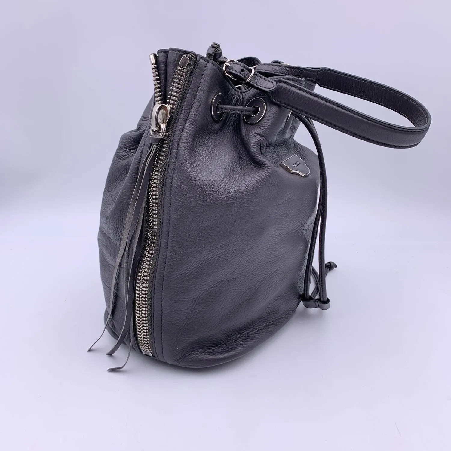 BALENCIAGA Grey Leather Papier Plate Bucket Drawstring Bag