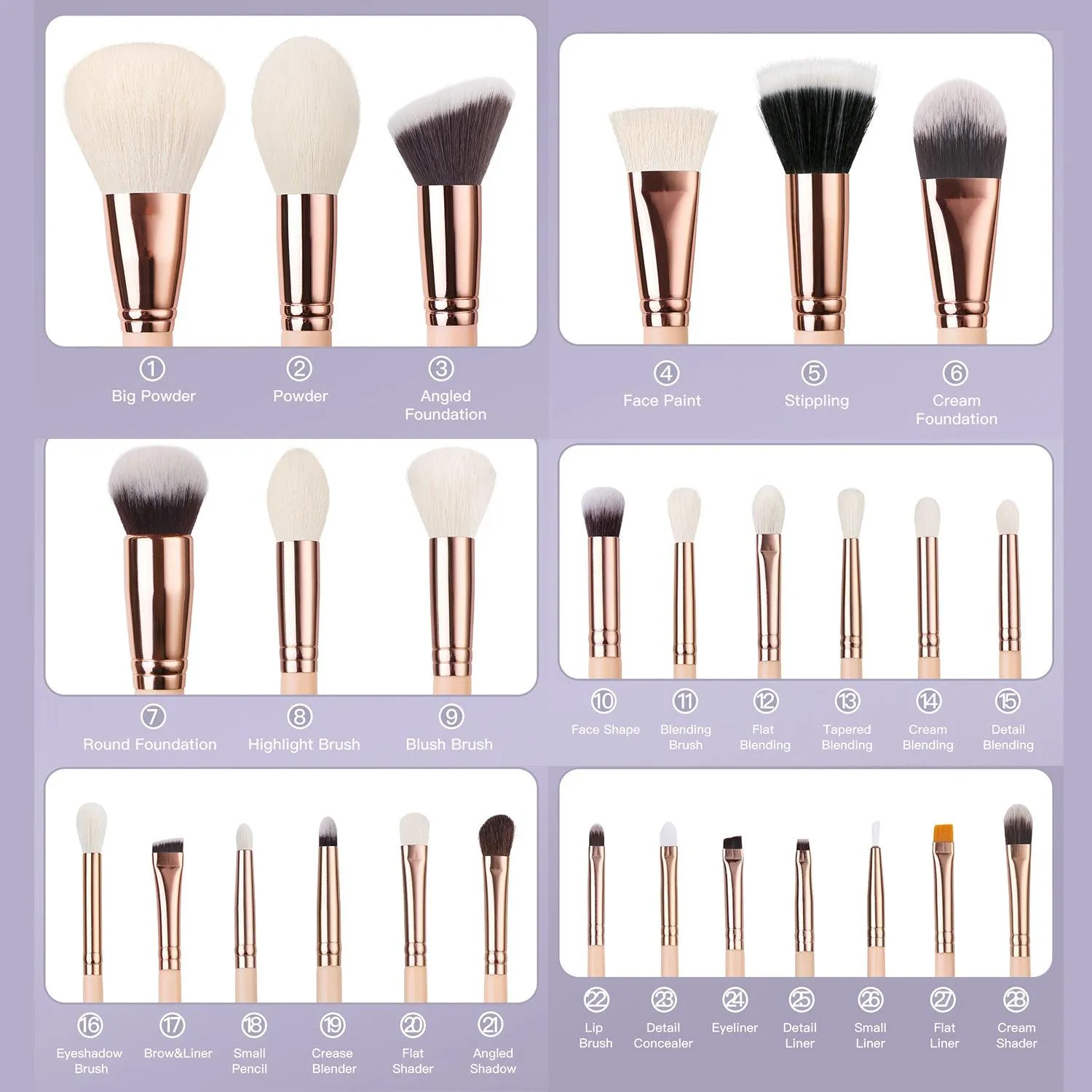 BEILI 28Pcs Rose Gold Makeup Brush Set F28