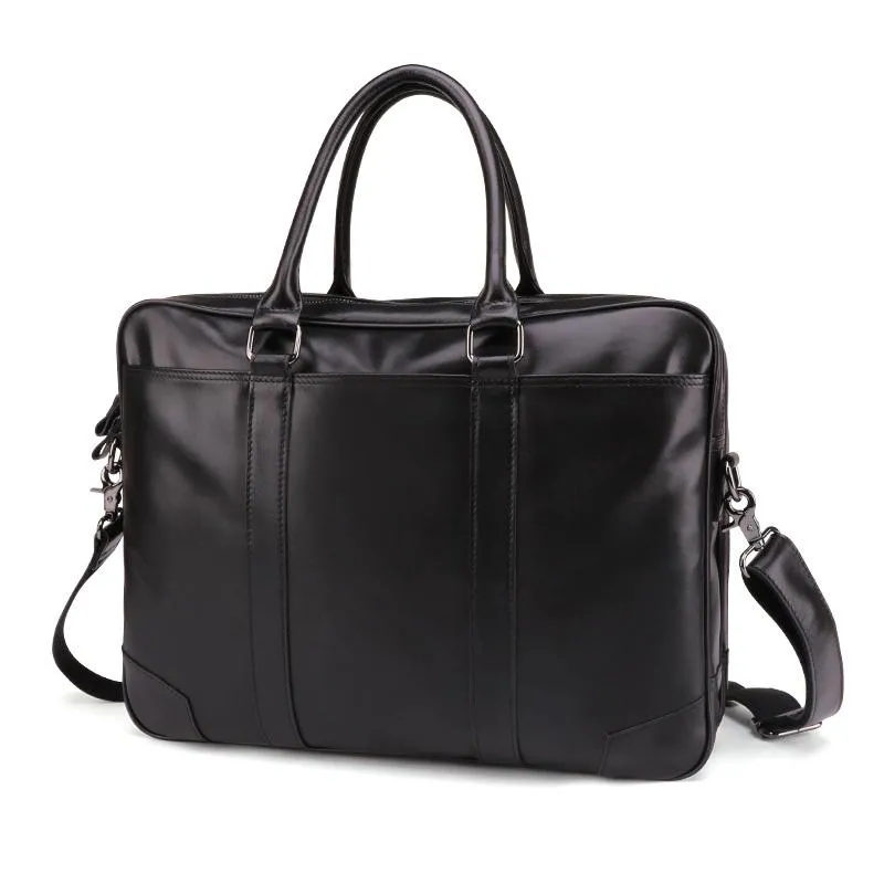 Black Leather Mens 15.6 inches Laptop Work Bag Handbag Briefcase Black Shoulder Bag Business Bags For Men