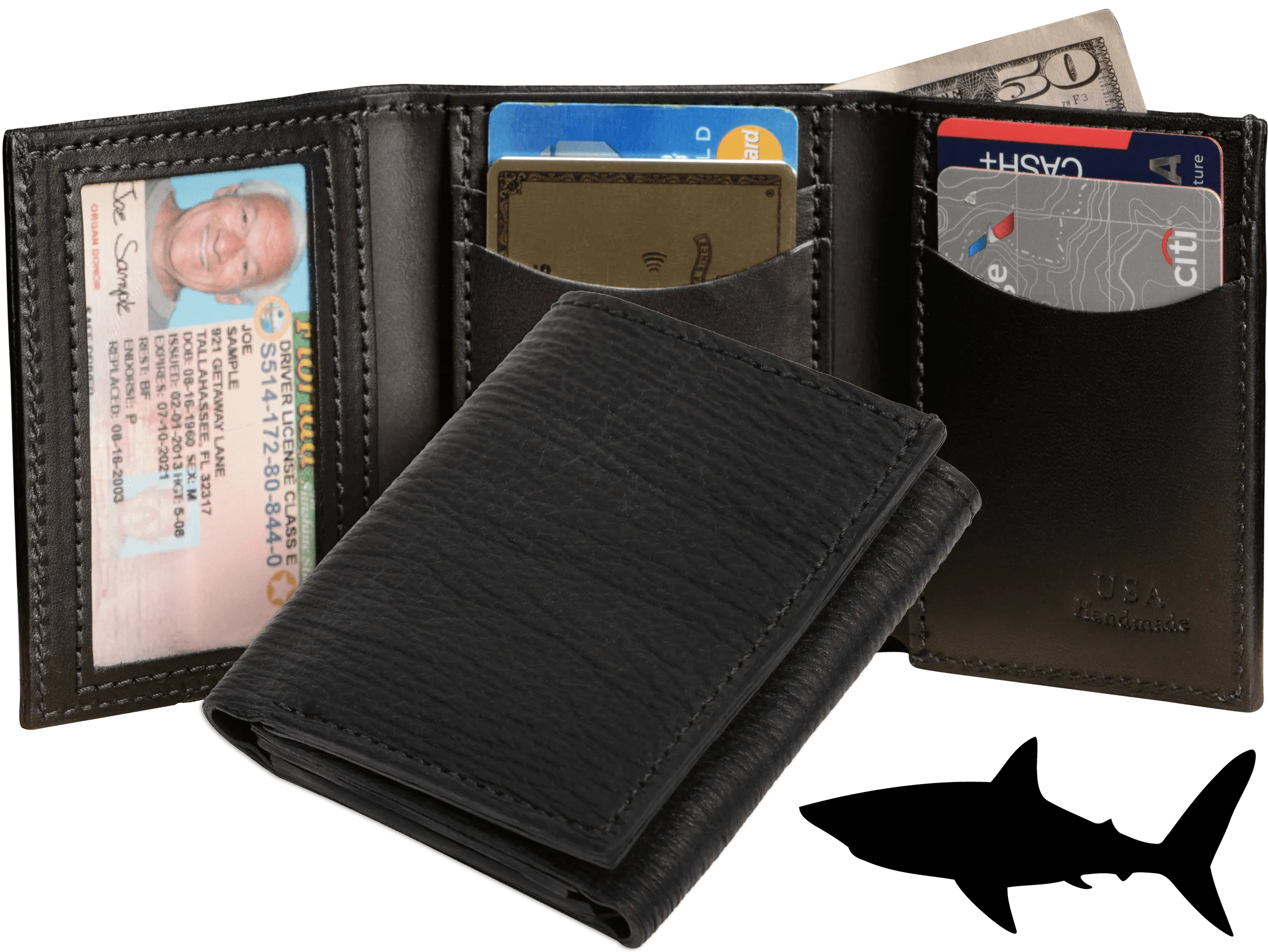 Black Shark Luxury Designer Exotic Trifold Wallet With ID Window