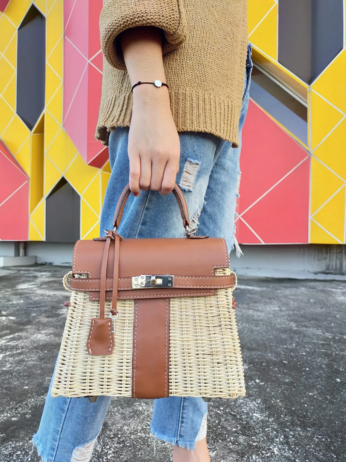 Brown genuine leather - Handmade wicker bag, Small size (25cm) silver hardware