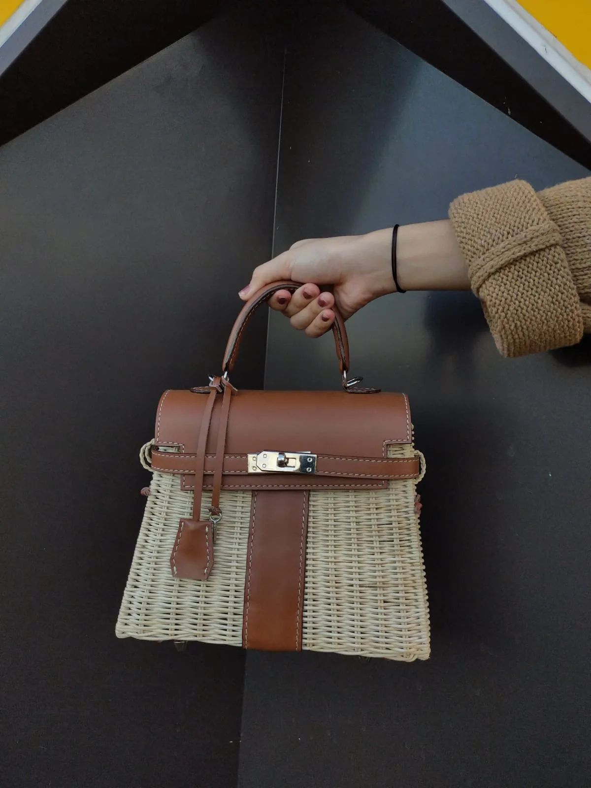 Brown genuine leather - Handmade wicker bag, Small size (25cm) silver hardware