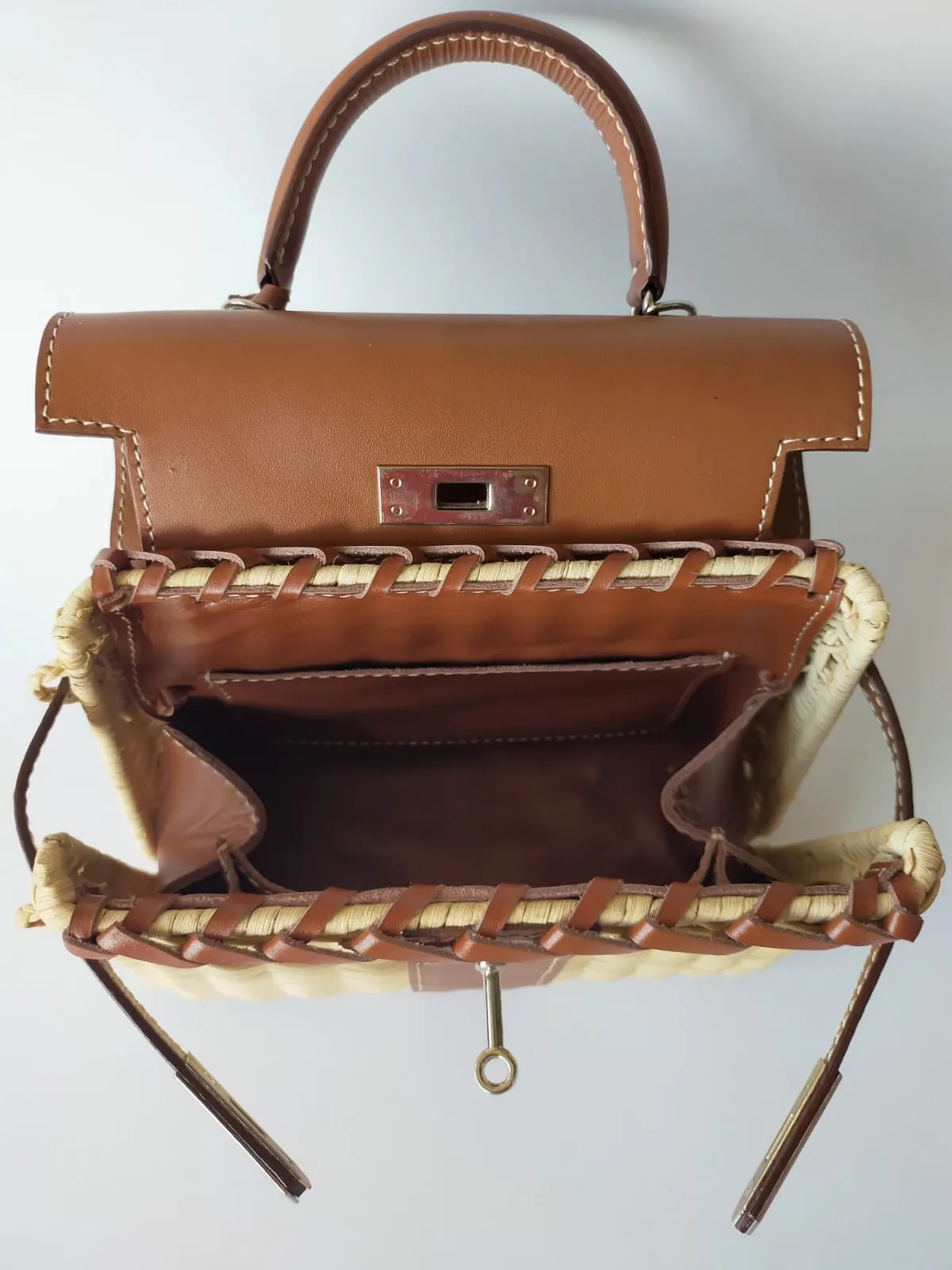 Brown genuine leather - Handmade wicker bag, Small size (25cm) silver hardware