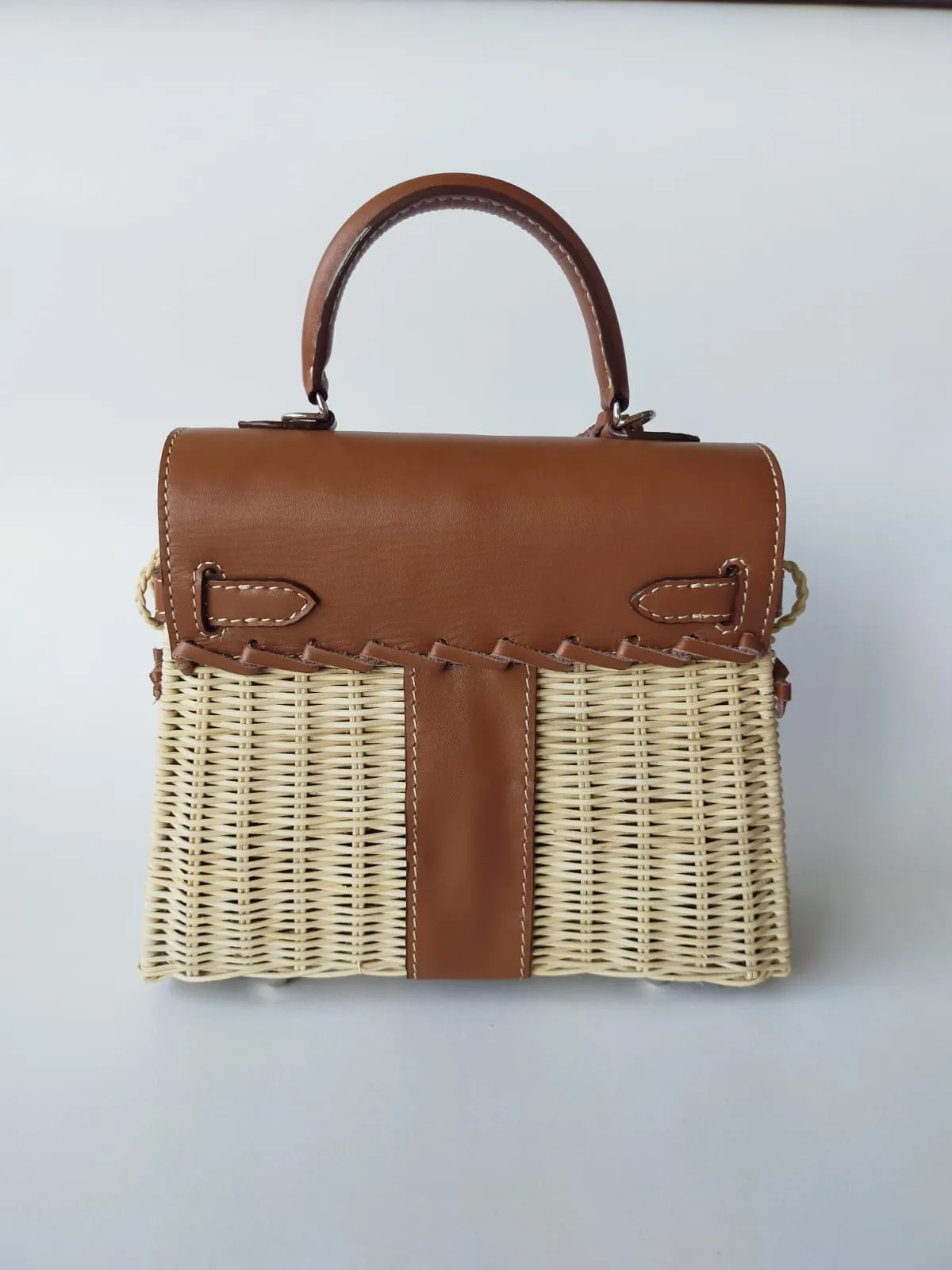 Brown genuine leather - Handmade wicker bag, Small size (25cm) silver hardware