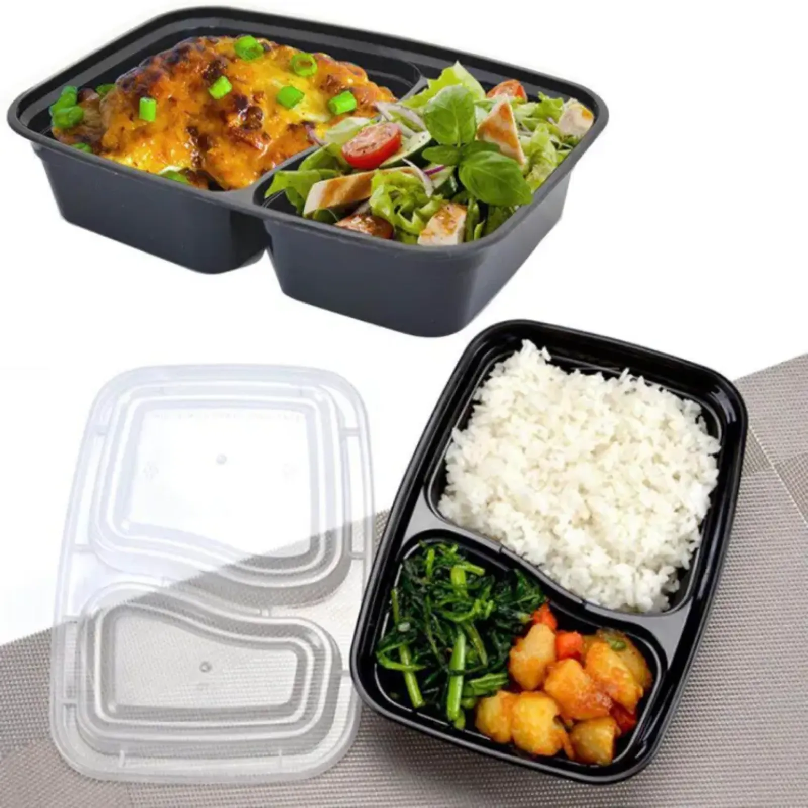 *BULK* 30oz Black Rectangular 2 Section MealPrep Containers With Clear Lids