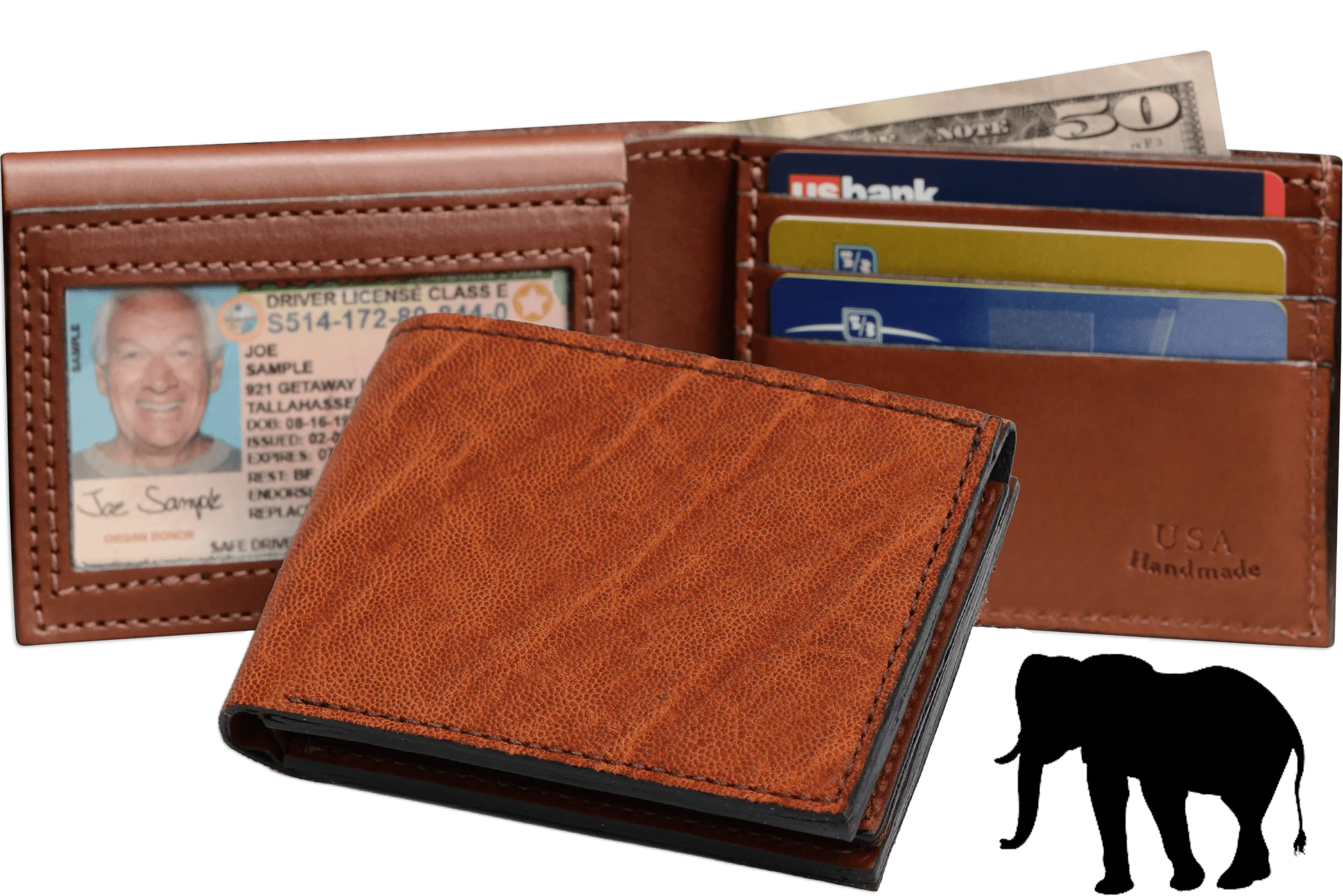 Caramel Brown Elephant Luxury Designer Exotic Bifold Wallet With Flip Up ID Window