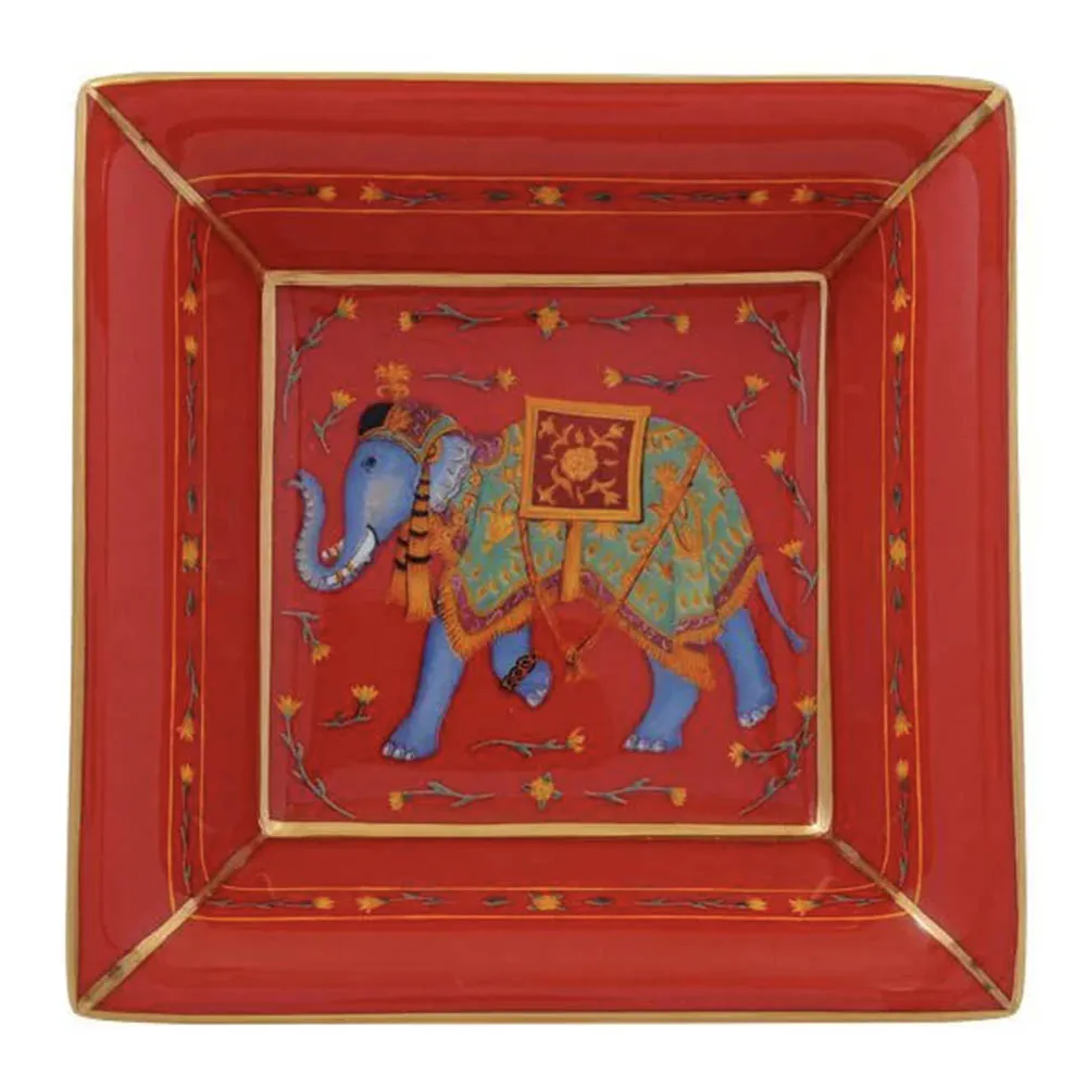 Ceremonial Indian Elephant Square Trinket Tray Red