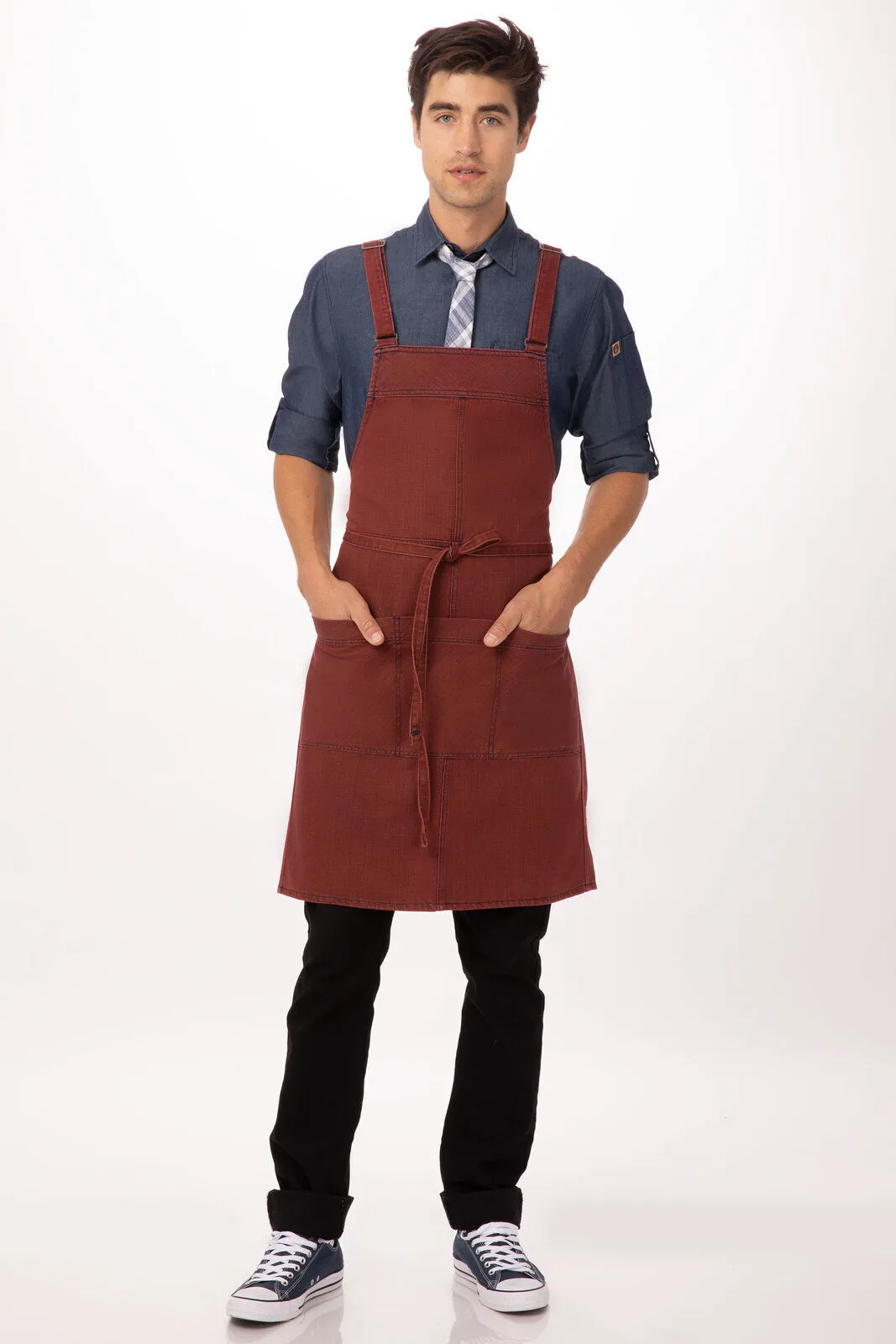 Chef Works Uptown Cross-Back Bib Apron- Red Navy