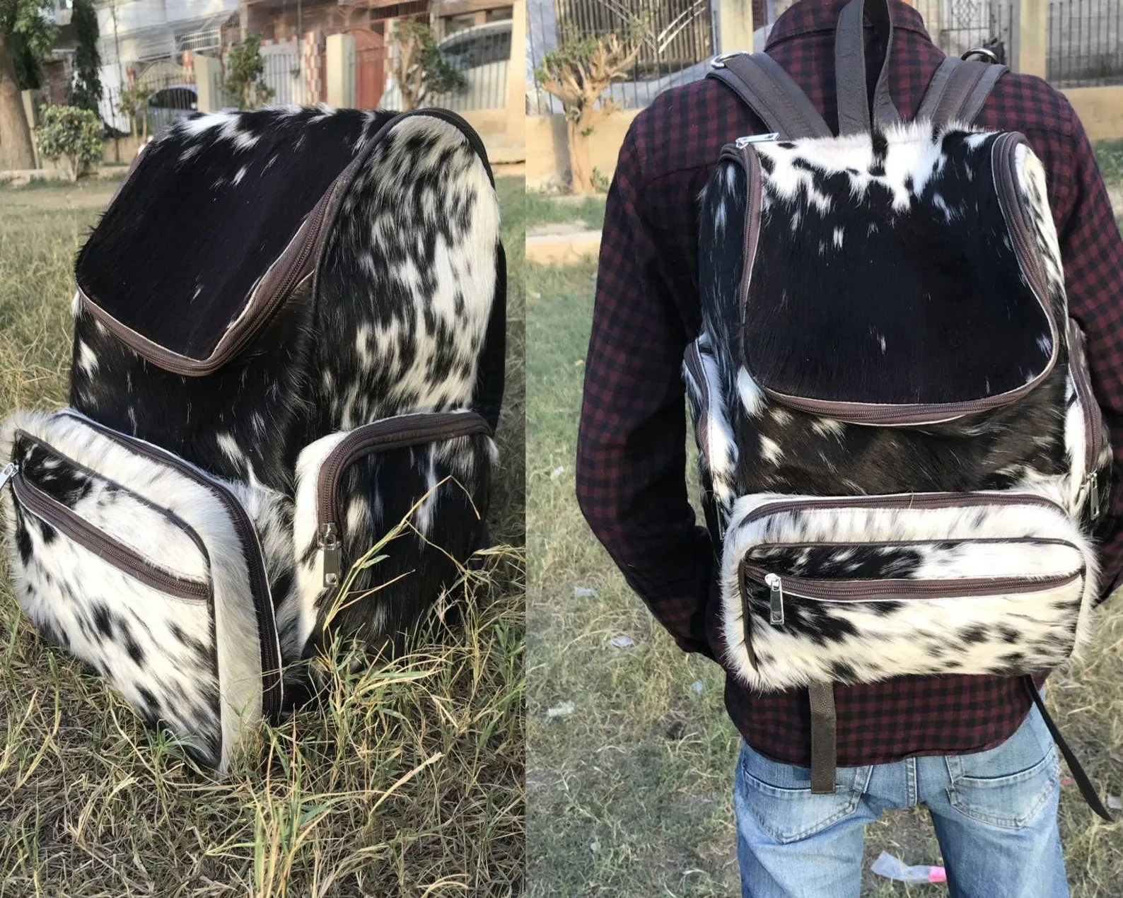 Cow Fur Back Pack Black And White