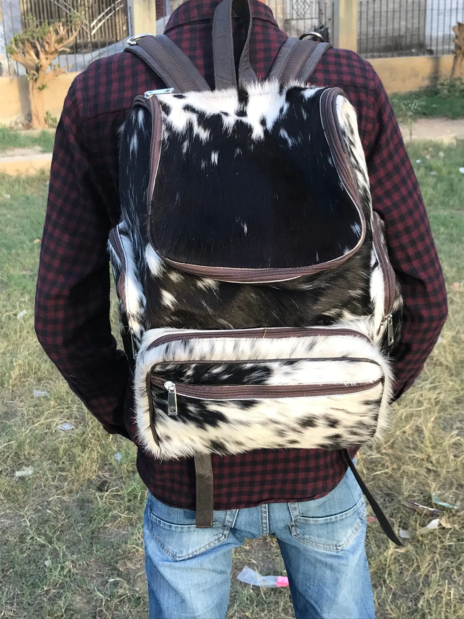 Cow Fur Back Pack Black And White