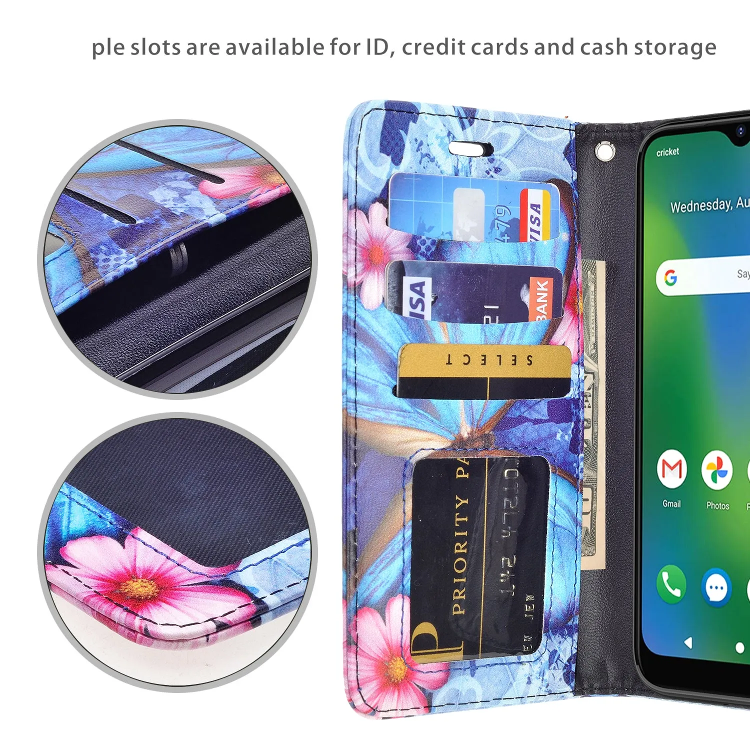 Cricket Influence Case, AT&T Maestro Plus Wallet Case, Wrist Strap Pu Leather Wallet Case [Kickstand] with ID & Credit Card Slots - Blue Butterfly