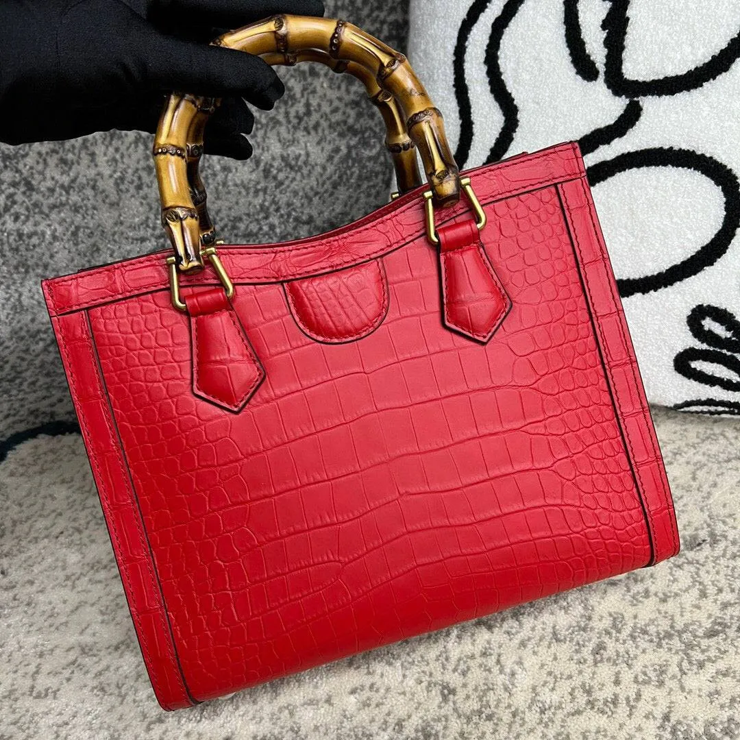 Crocodile Skin Leather Shoulder Crossbody Bag With Bamboo Handle Red