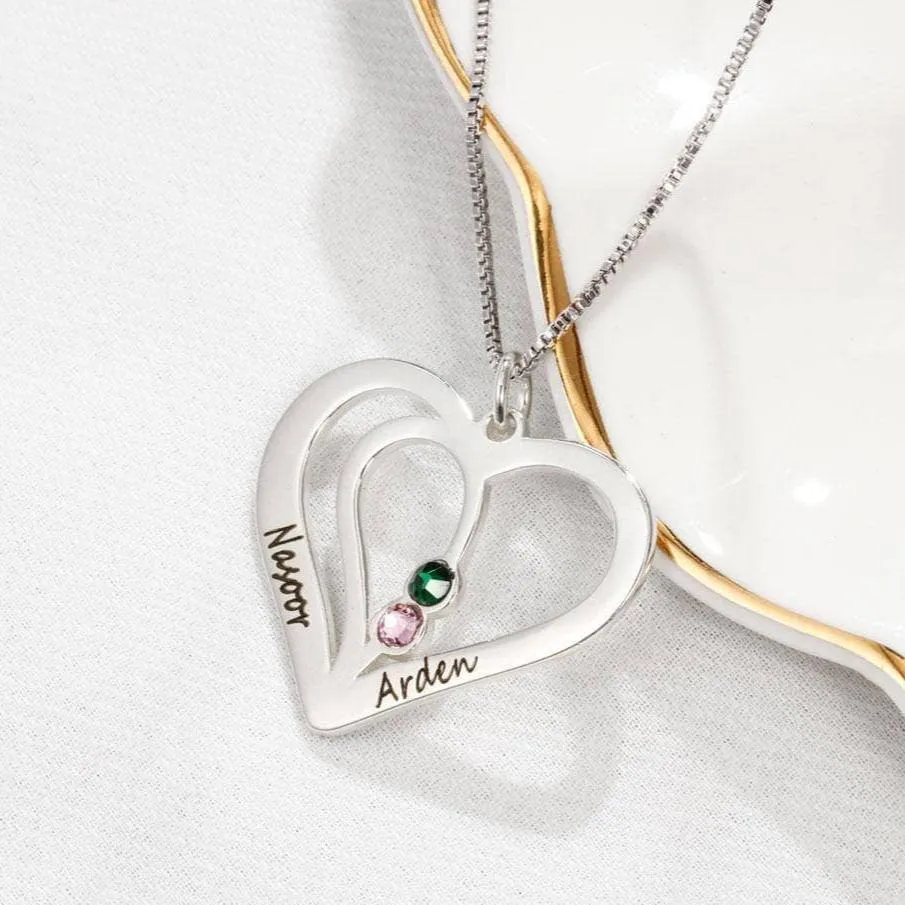 Custom Engraved Name Heart Necklace with Birthstone