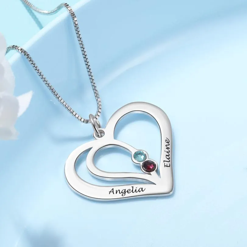 Custom Engraved Name Heart Necklace with Birthstone