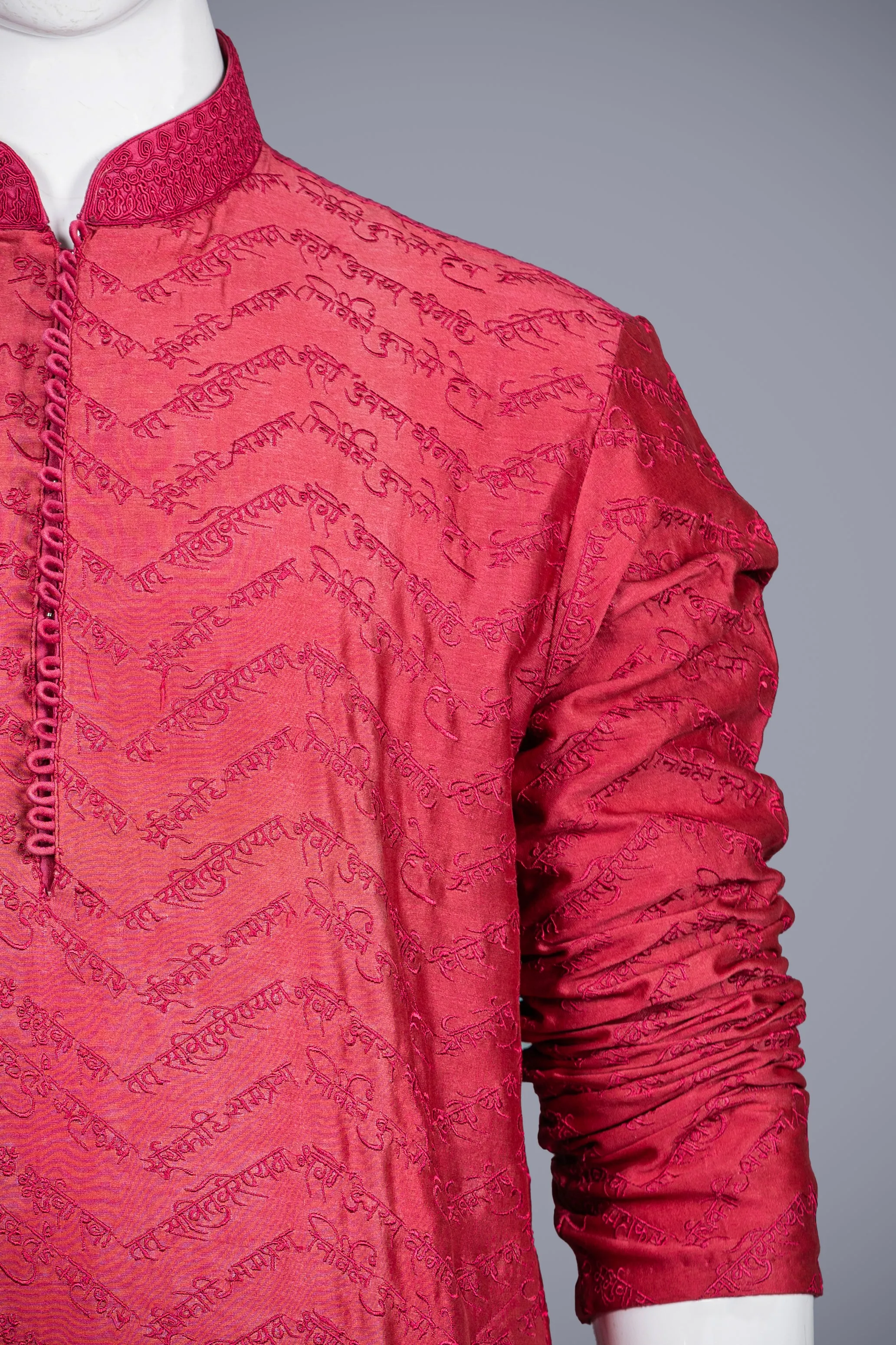 Dark Pink Kurta Set for Men in Silk With Embroidery