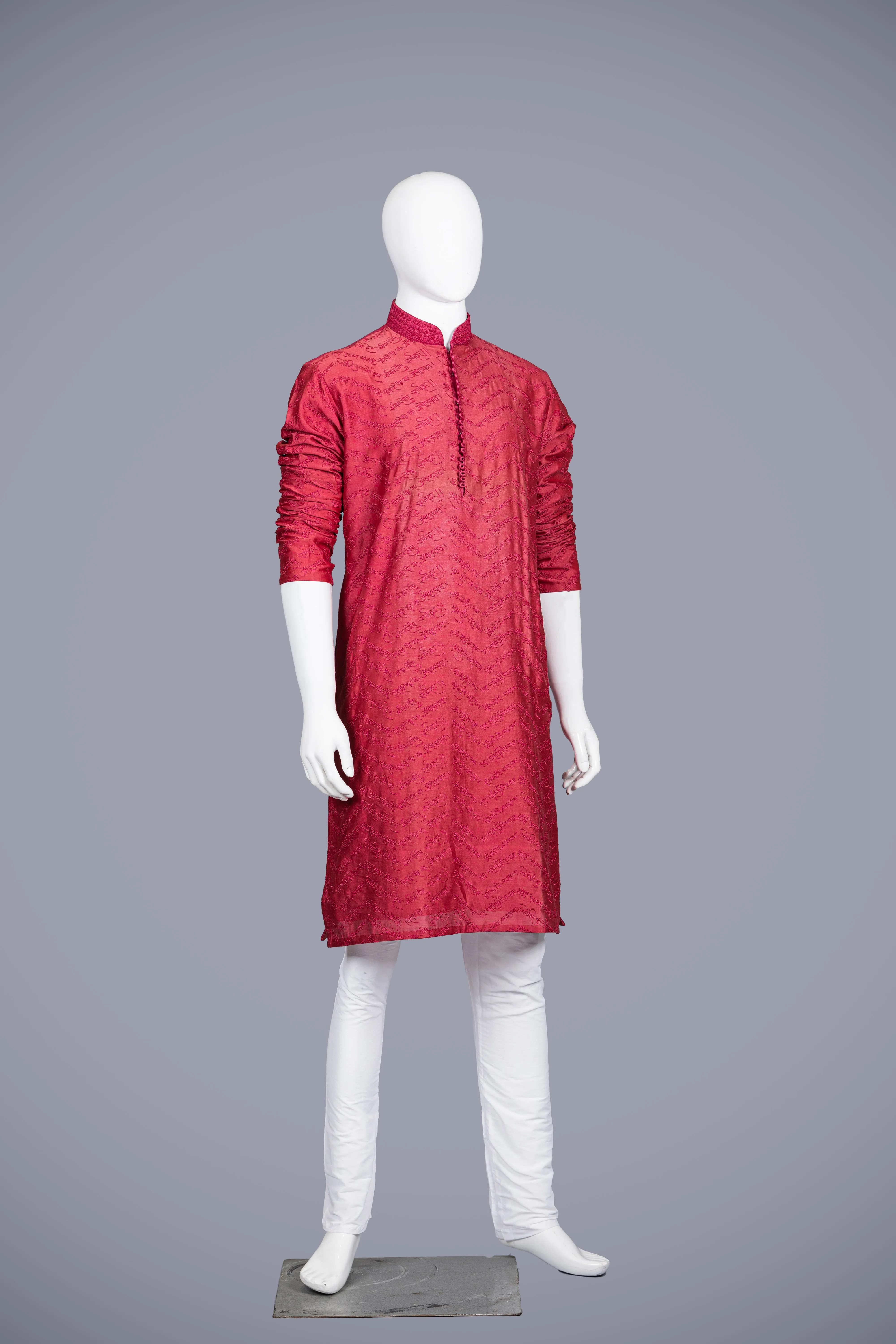 Dark Pink Kurta Set for Men in Silk With Embroidery