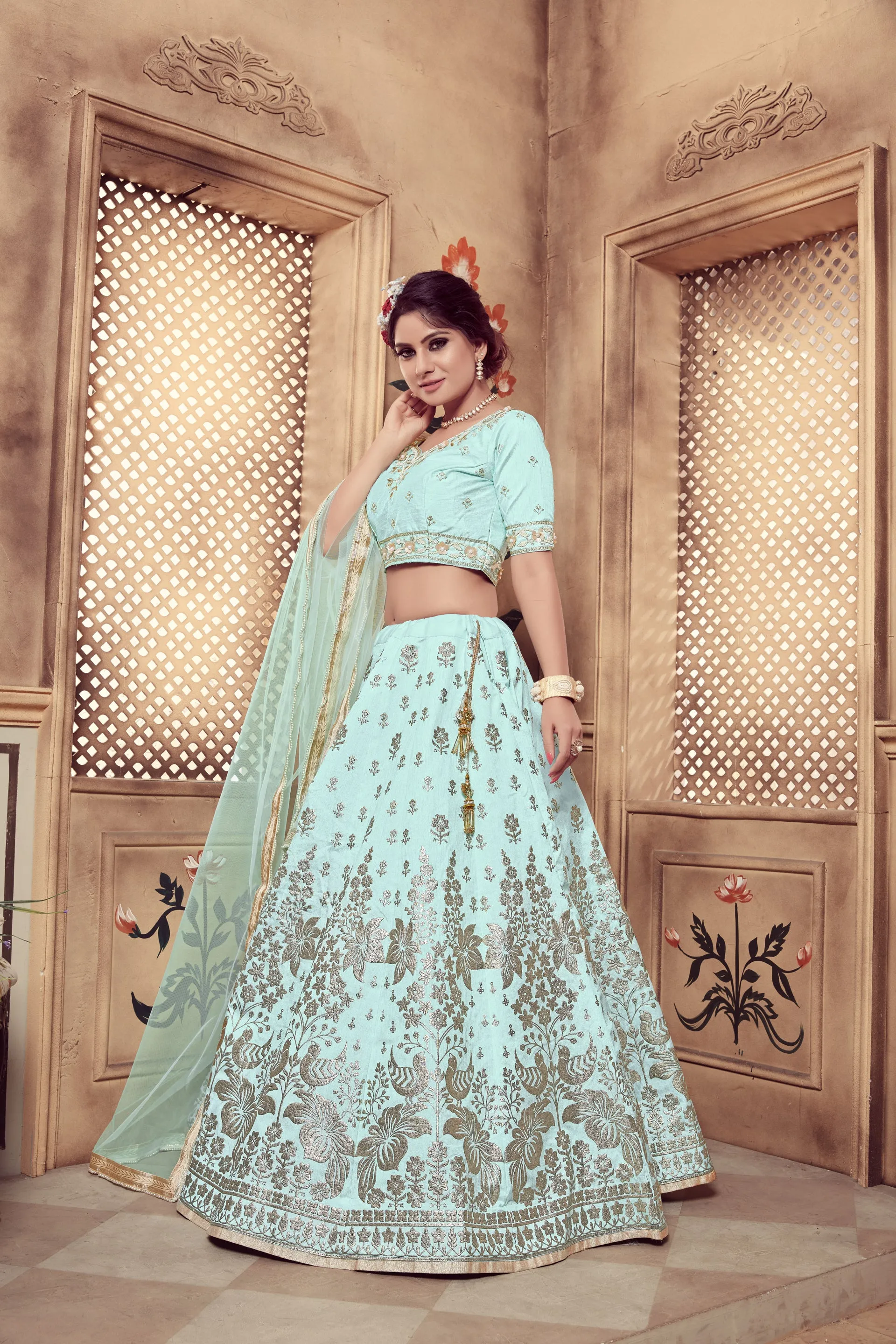 Dazzling Aqua Blue Art Silk Lehenga Choli