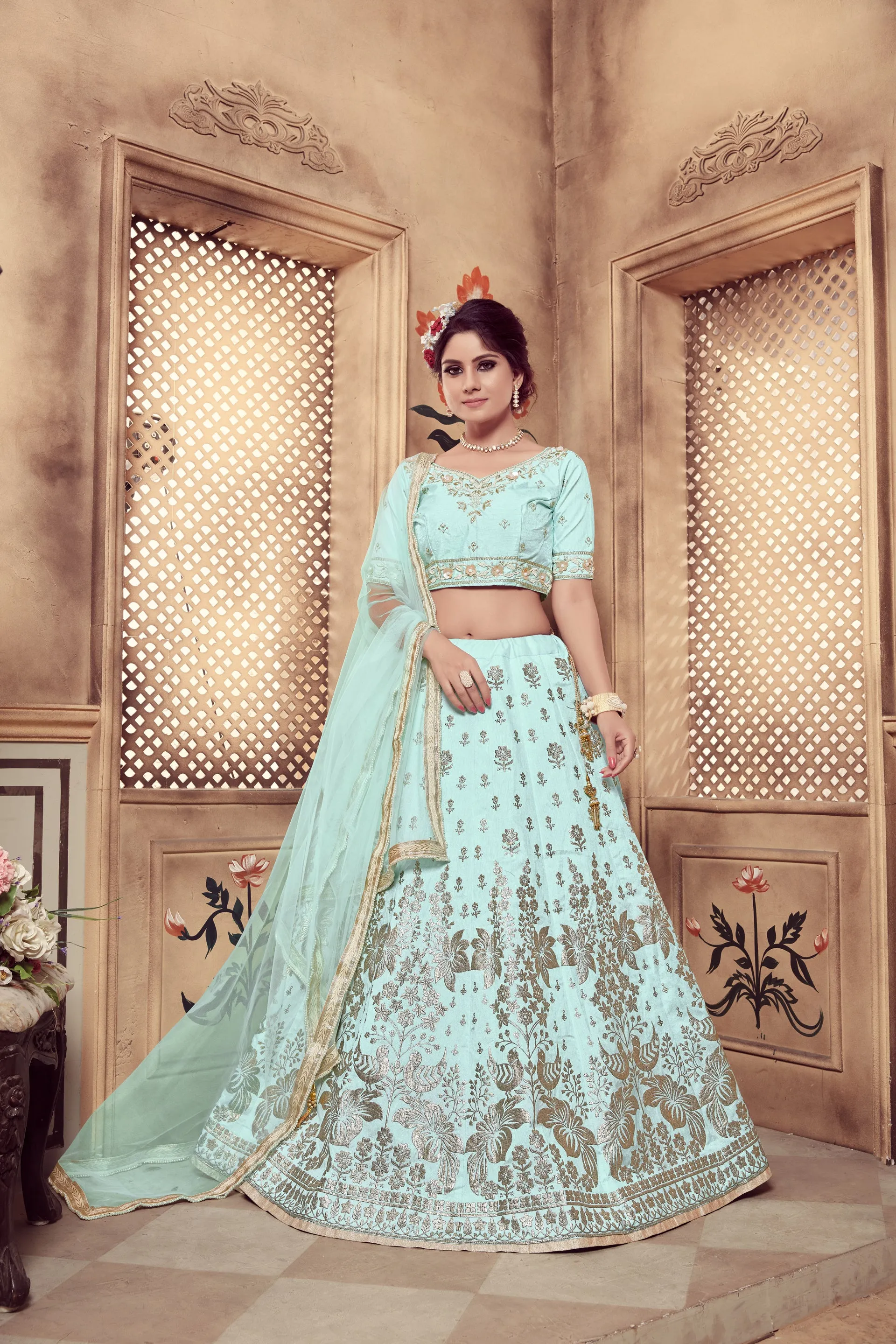 Dazzling Aqua Blue Art Silk Lehenga Choli