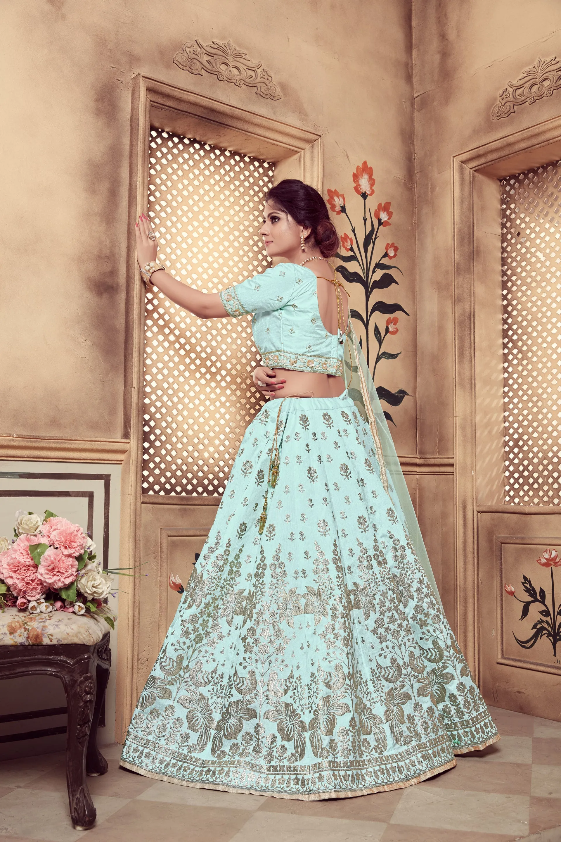 Dazzling Aqua Blue Art Silk Lehenga Choli