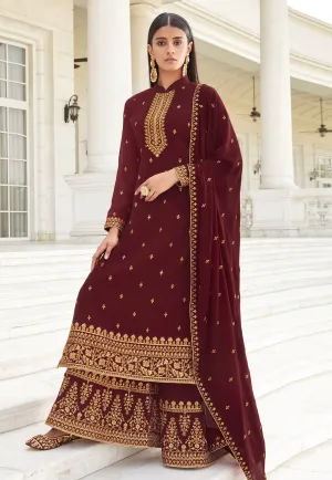 Dazzling Maroon Zari Embroidered Flared Palazzo Suit