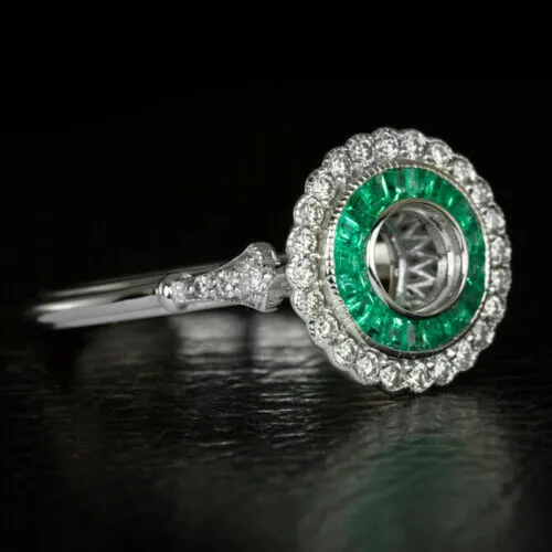 DIAMOND EMERALD HALO 1/2CT BEZEL ENGAGEMENT RING SETTING ART DECO VINTAGE STYLE