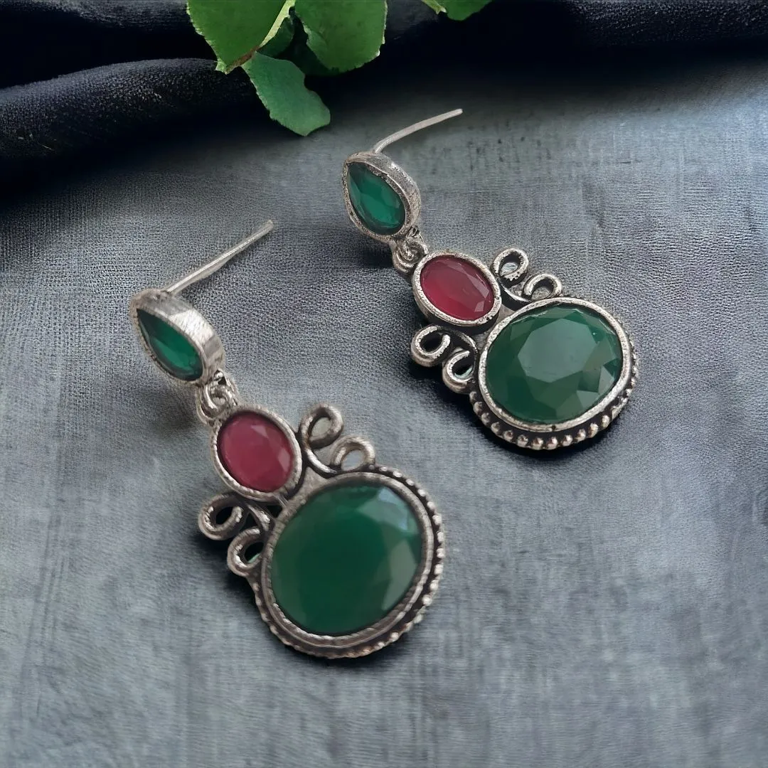 Emerald Rose Glow: Oxidized Green and Pink Stone Earrings