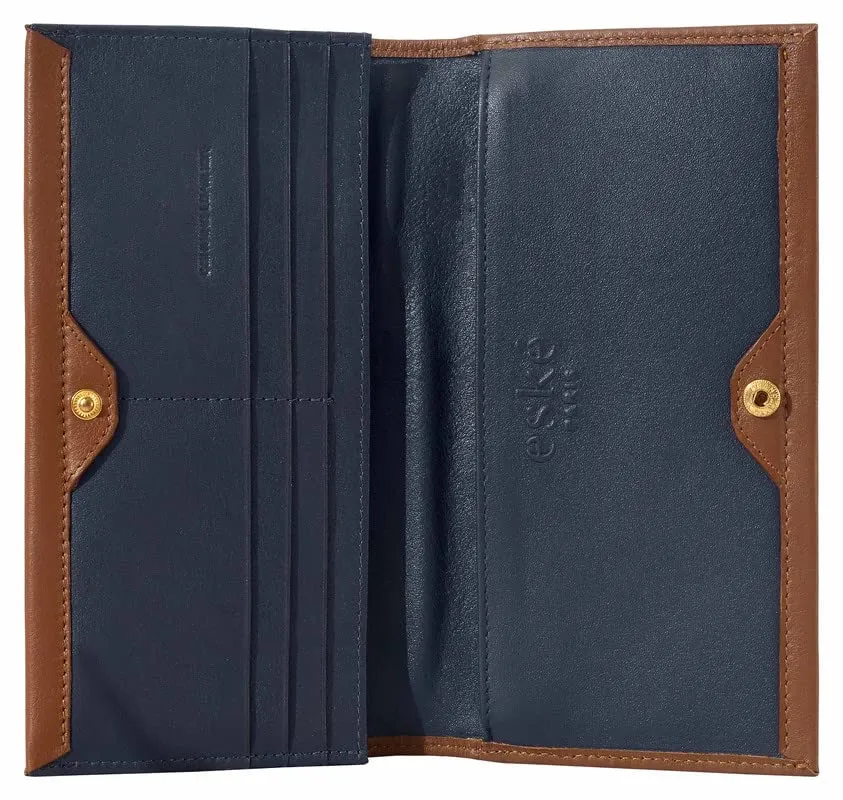 eske Kale - Two fold Wallet - Genuine Quilted Leather - Holds Cards, Coins and Bills - Compact Design - Pockets for Everyday Use - Travel Friendly - for Women (Navy Cognac)