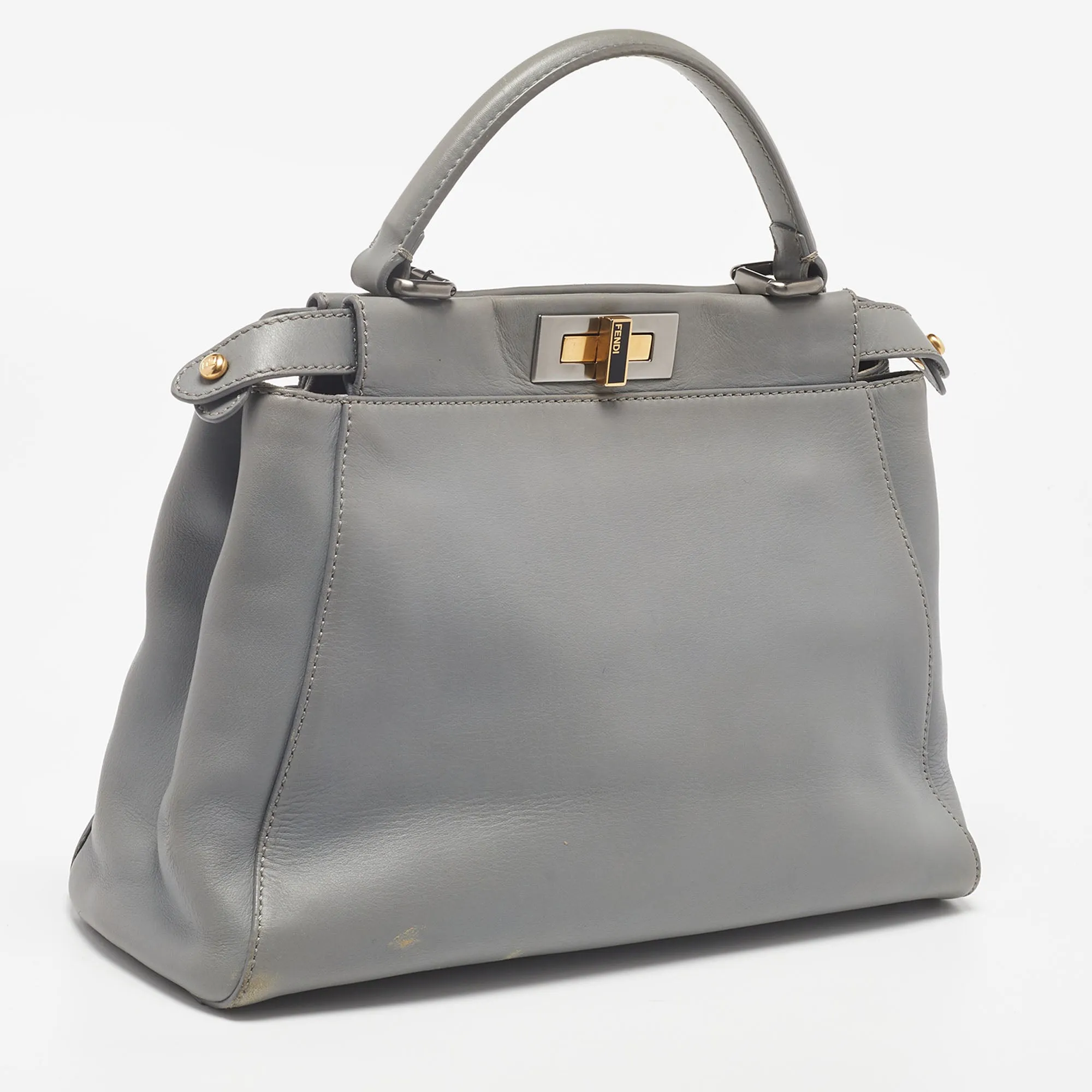 FENDI Grey Leather Medium Peekaboo Top Handle Bag