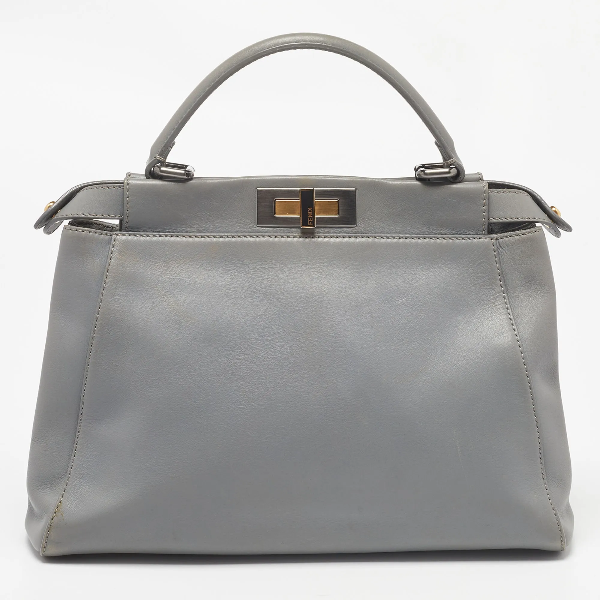 FENDI Grey Leather Medium Peekaboo Top Handle Bag