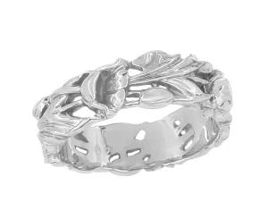 Filigree Lilies Artisan Wedding Band in 14 Karat White Gold - 6mm Wide