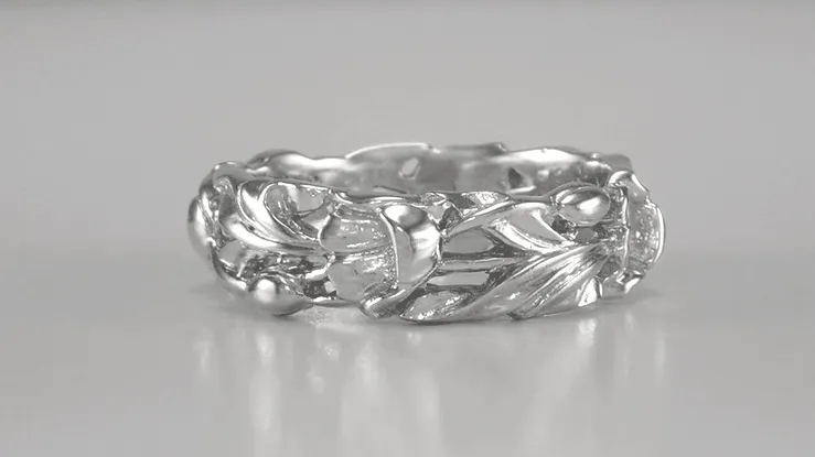 Filigree Lilies Artisan Wedding Band in 14 Karat White Gold - 6mm Wide