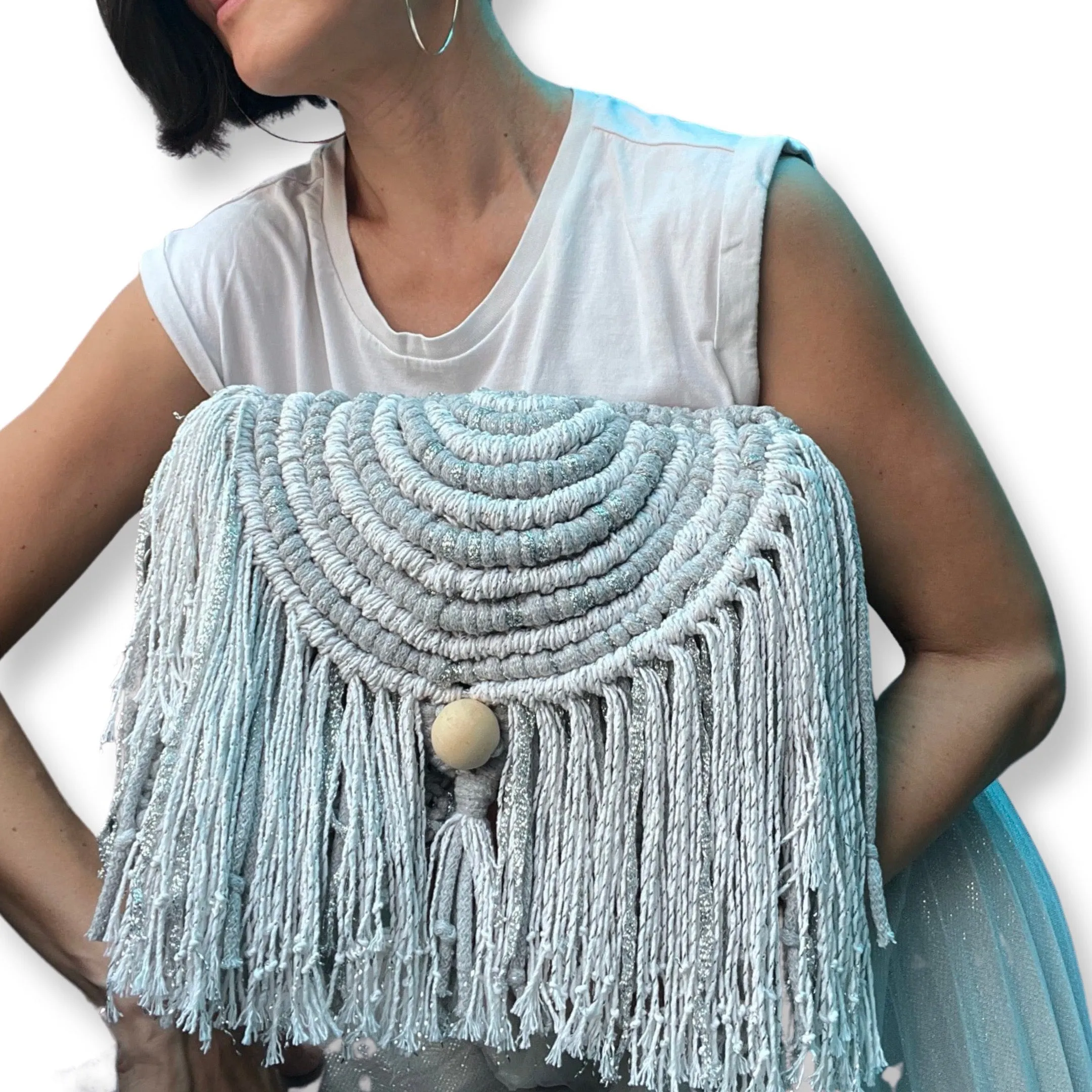 Gilda Sparkly Silver Macrame Clutch Bag