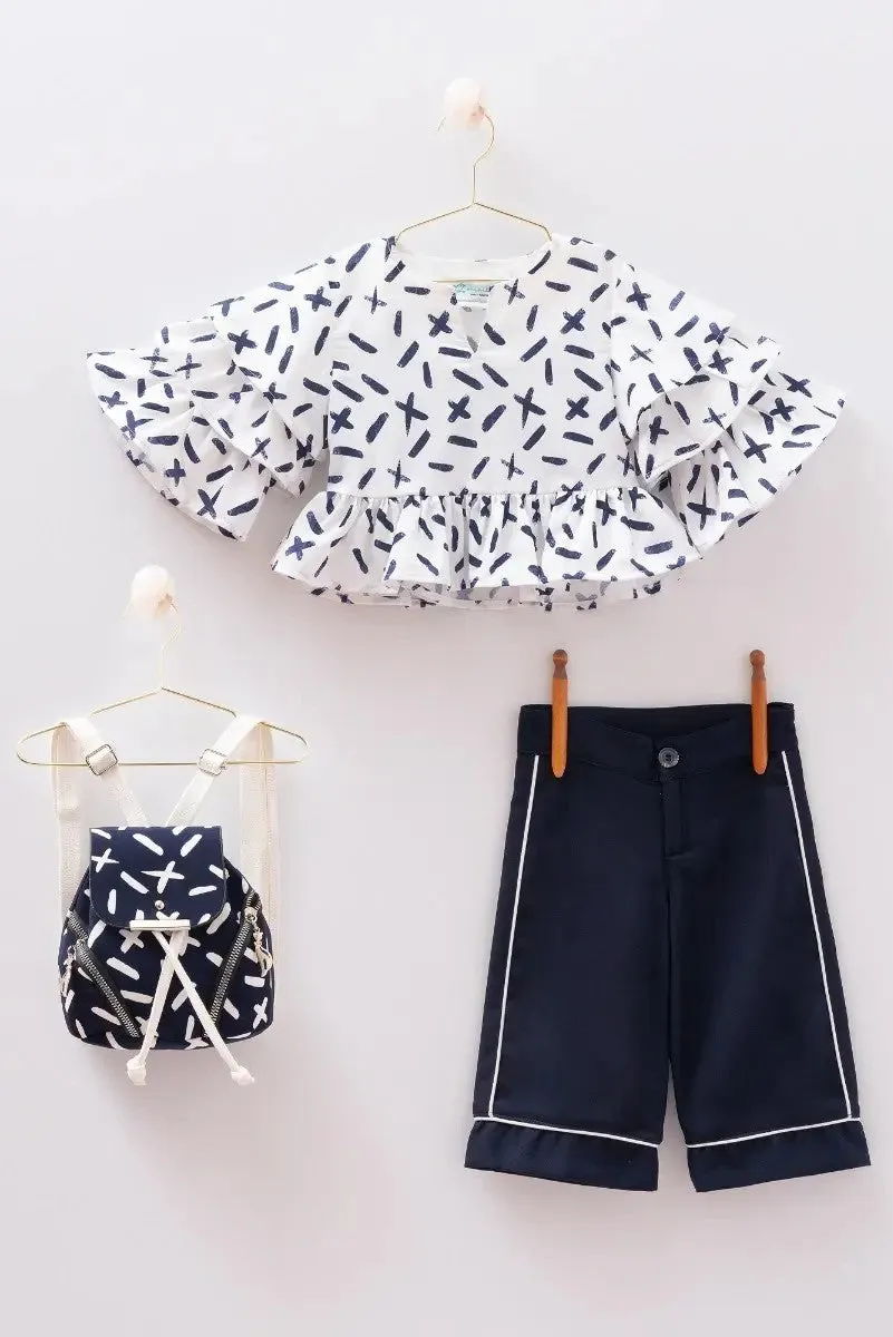 Girls Summer Navy & White Set - MIALIA - White - Navy Blue