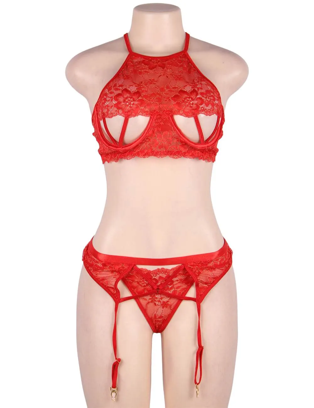 Gold Wire Red & Black Lace Stitching Cross Straps Sexy Bra Set With Steel Ring