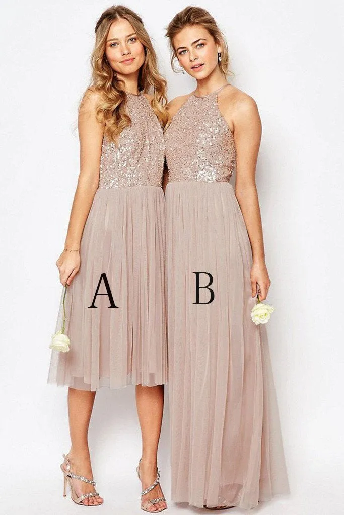 Gorgeous Sequins Top Halter Romantic A Line Short Long Bridesmaid Dresses PFB0011